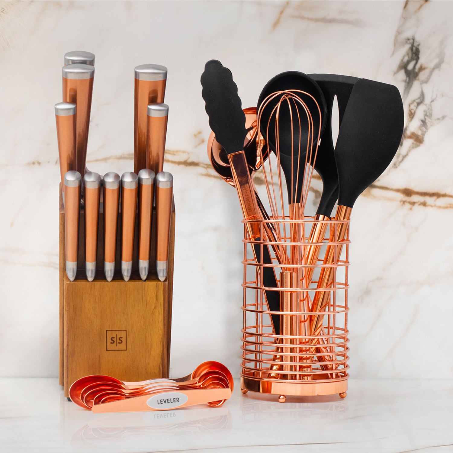 Copper and Black Kitchen Utensils Set with Holder - Styled Settings