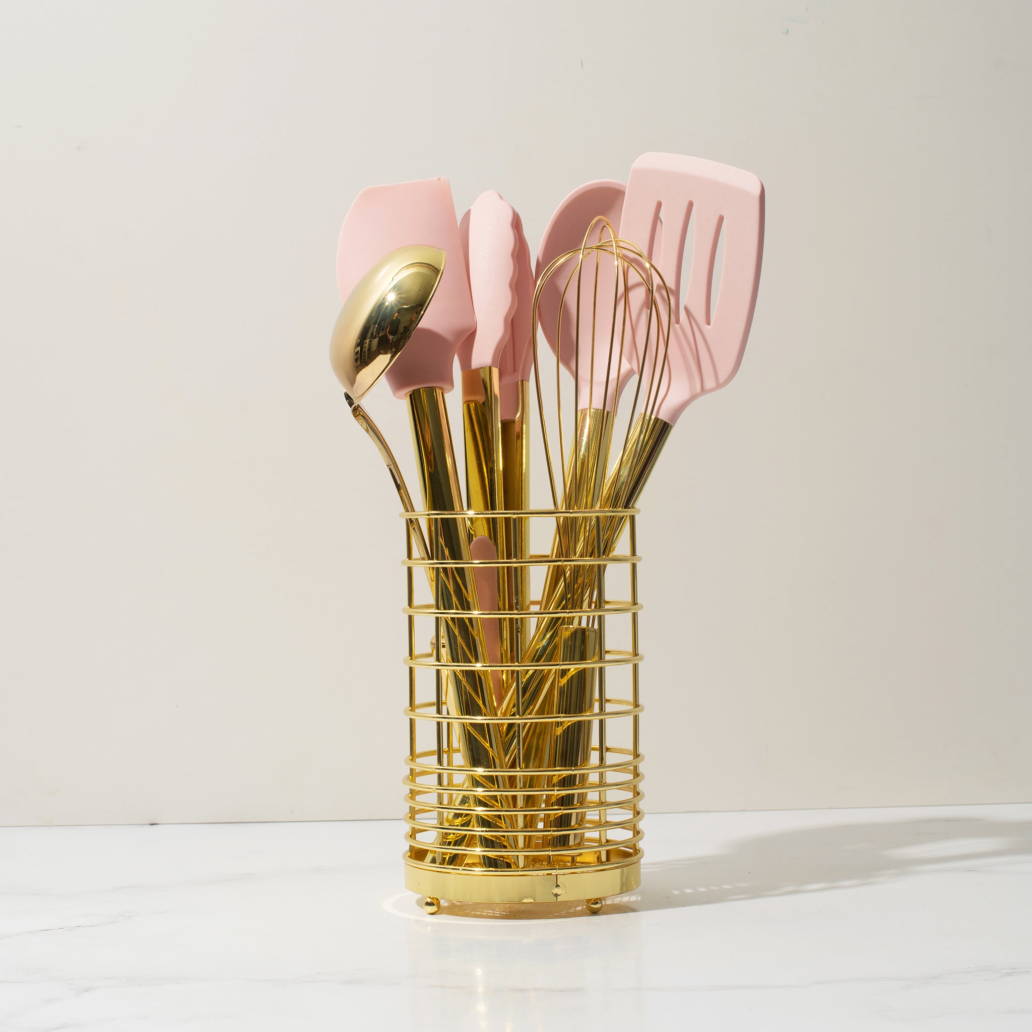 Pink and Gold Kitchen Utensils Set with Holder - Styled Settings