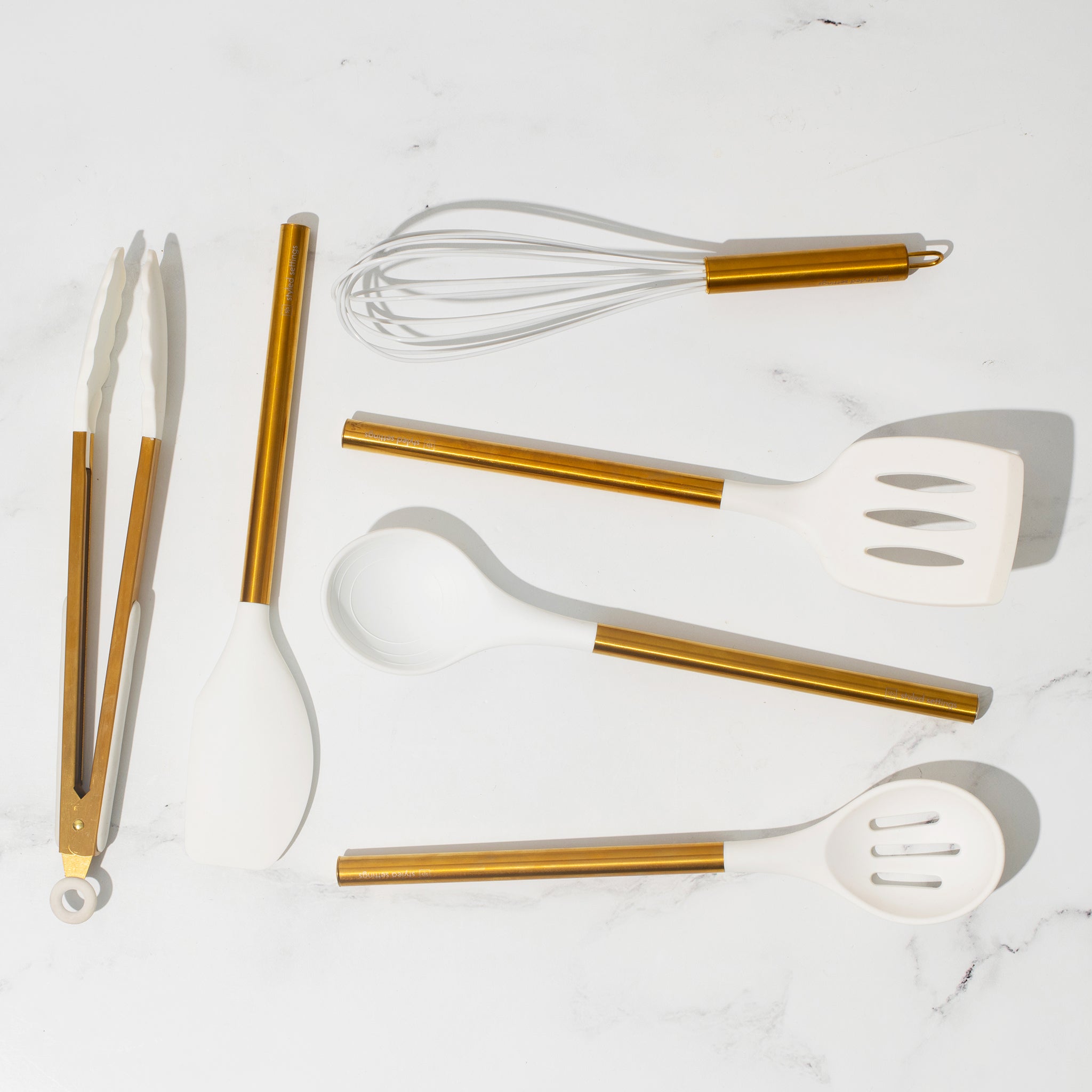 White Silicone and Gold Cooking Utensils Set with Gold Utensil