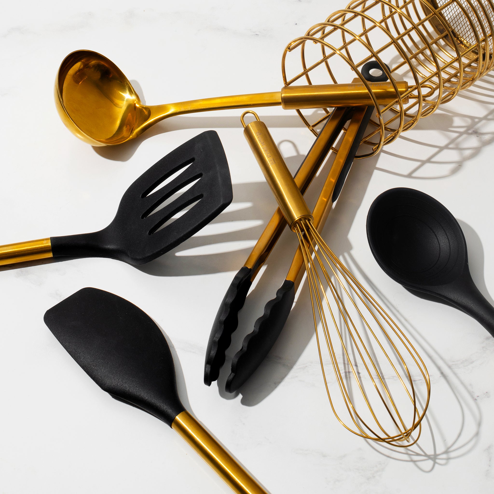 Black and Gold Kitchen Utensils Set with Holder - 7PC Gold Cooking Utensils  Set Includes Black Silicone Cooking Utensils Set and Gold Utensil Holder 