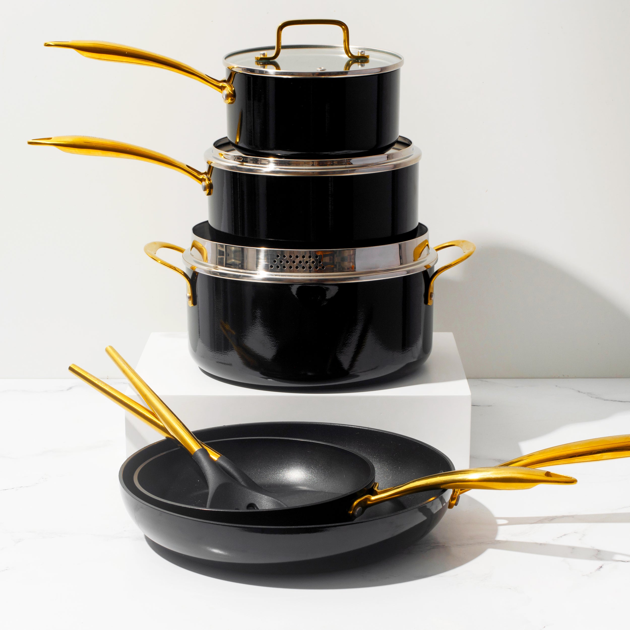 Black and Gold Nonstick Pots and Pans Set - Styled Settings