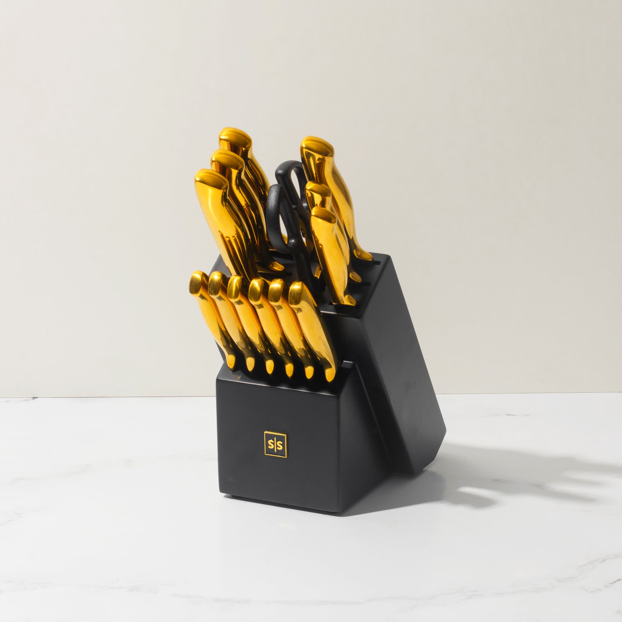 Gold Knife Set with Black Self-Sharpening Block - Styled Settings