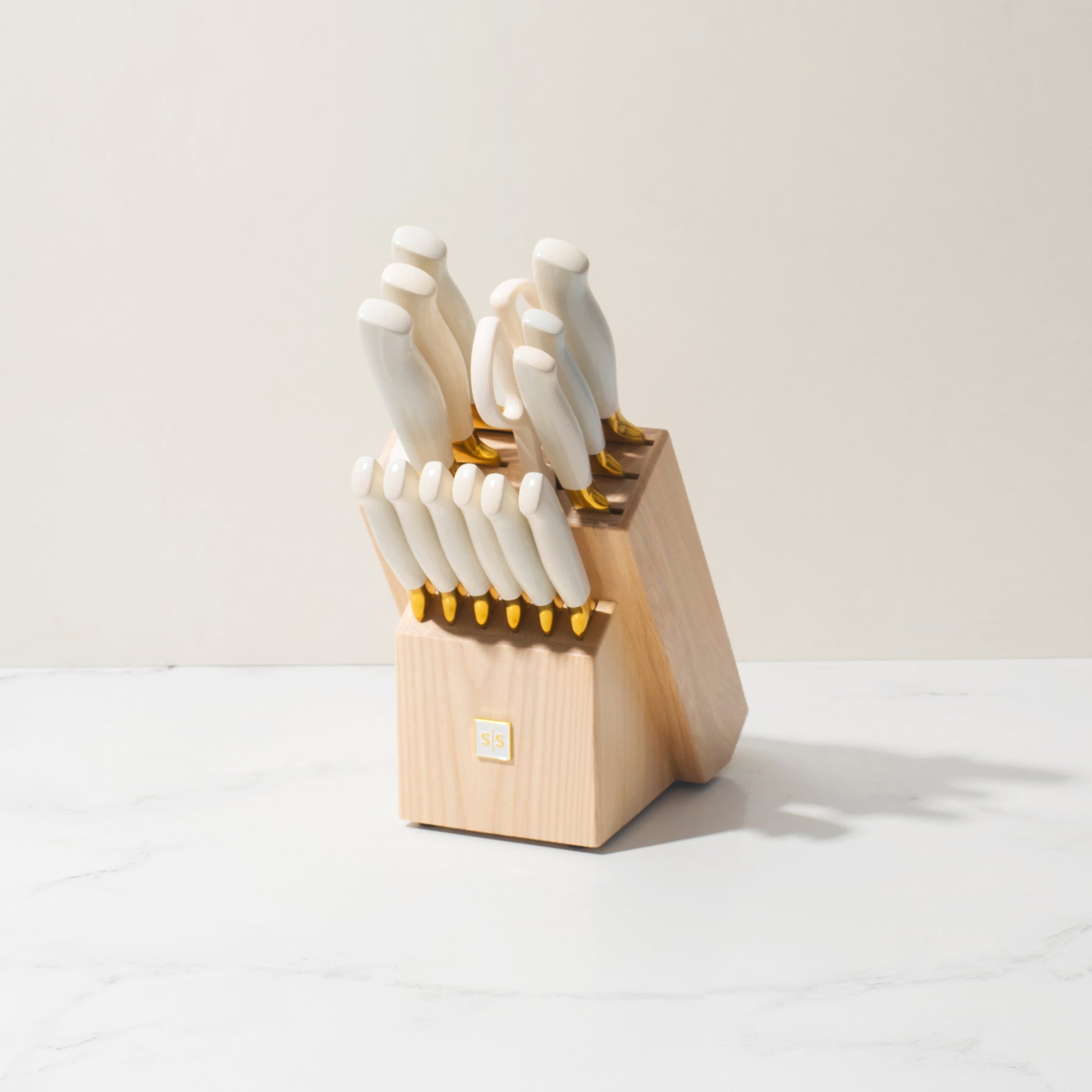 White and Gold Knife Set with Ashwood Self-Sharpening Block - Styled Settings