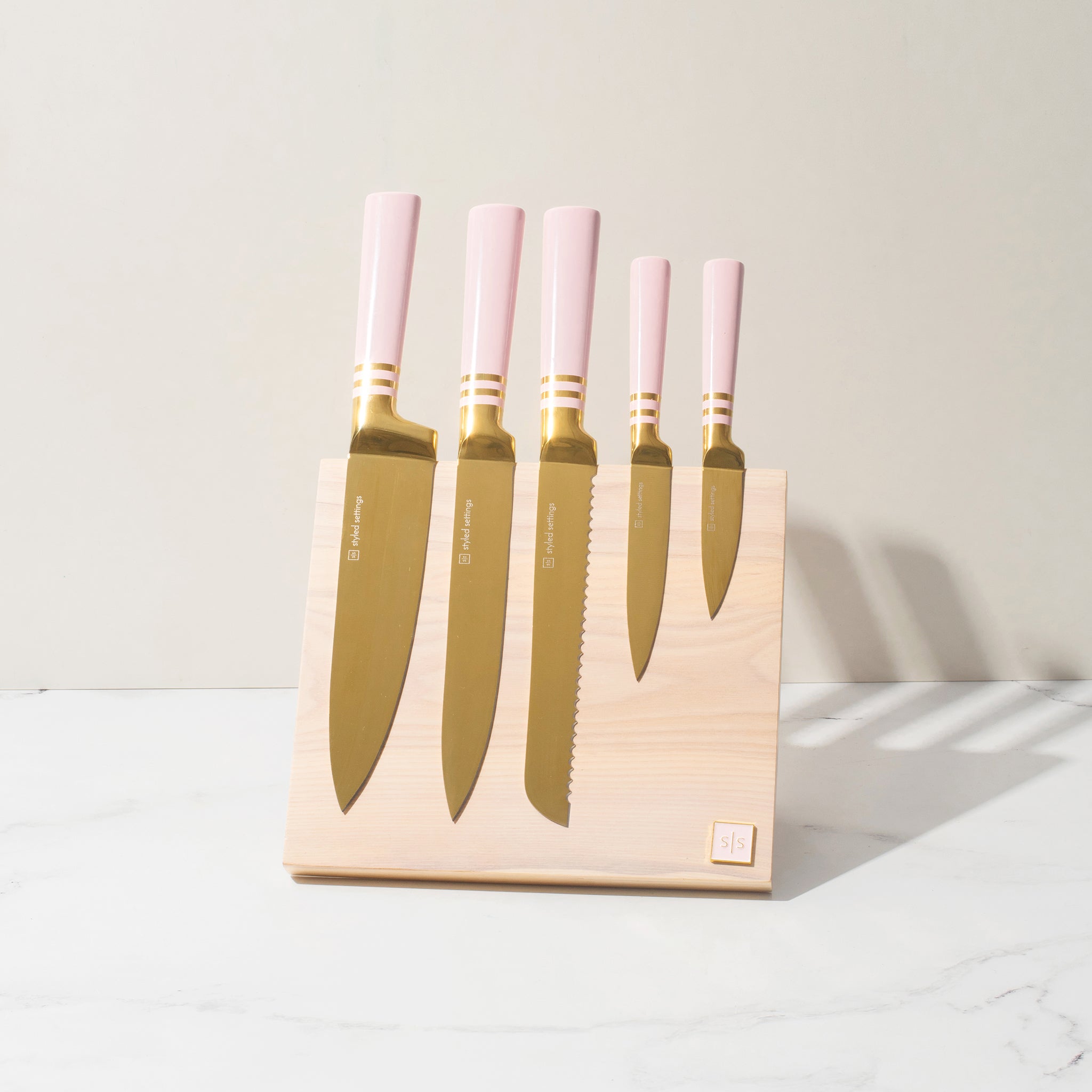 Pink and Gold Knife Set with Magnetic Knife Block - Styled Settings