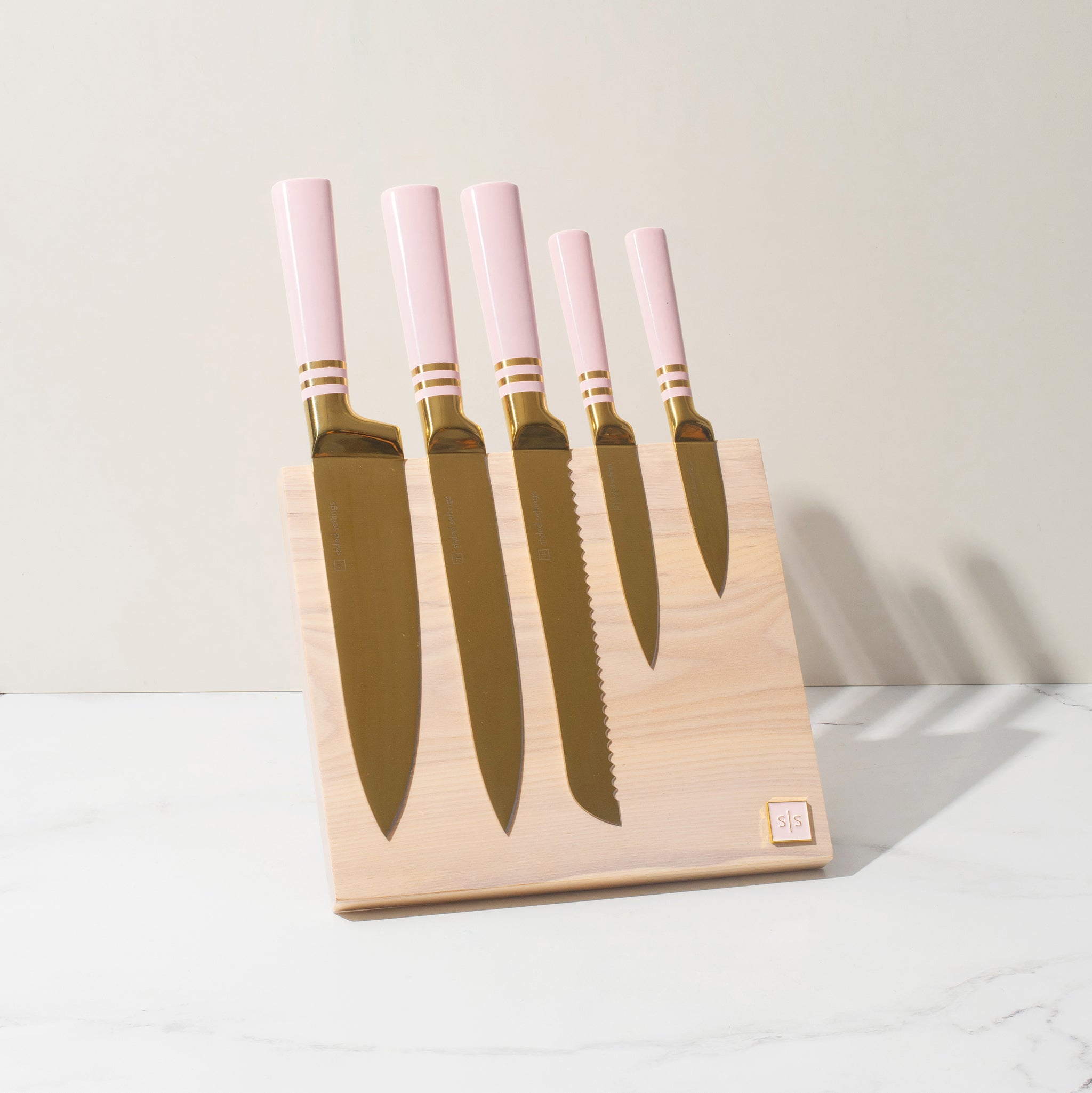 Pink and Gold Knife Set with Magnetic Knife Block - Styled Settings