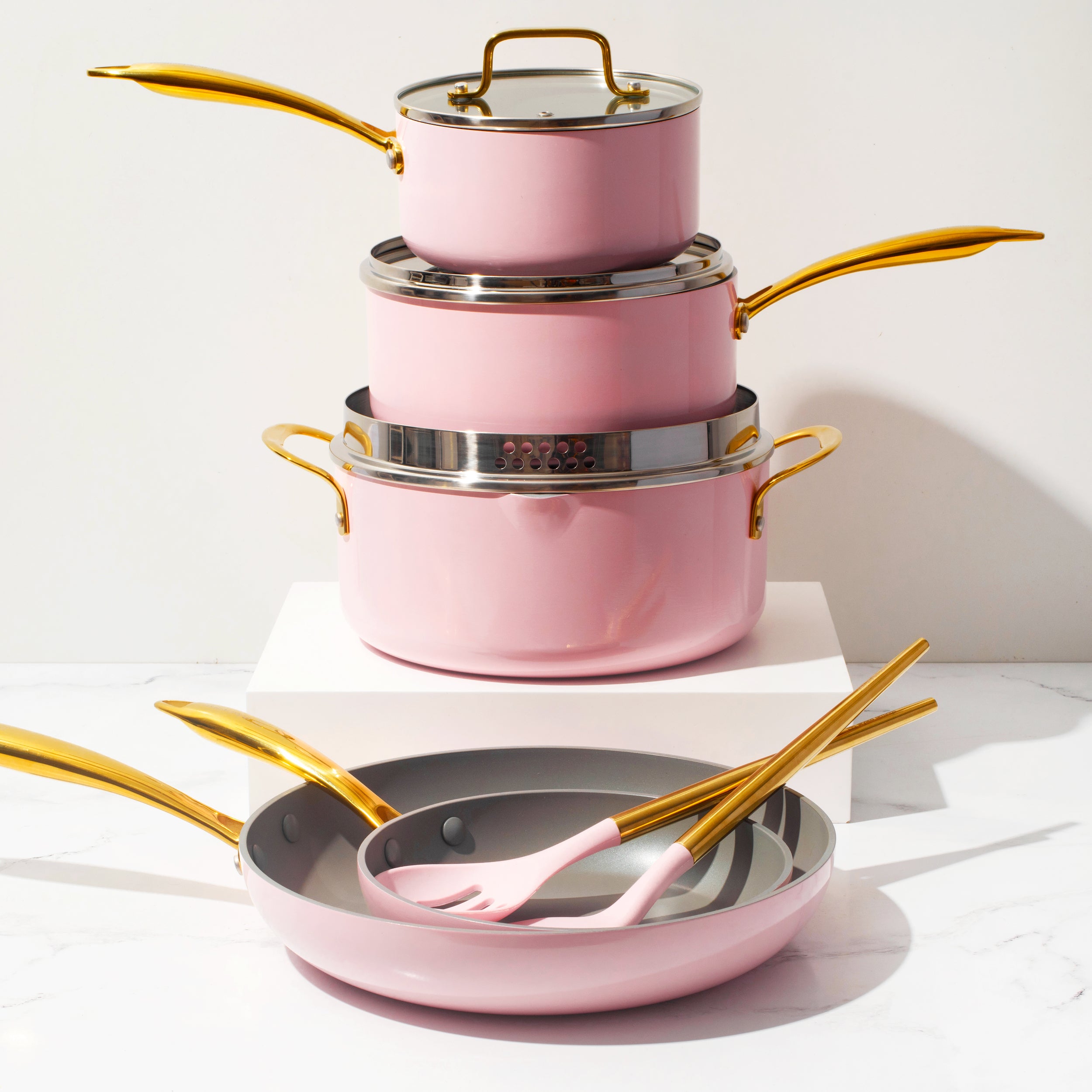 Styled Settings Pink Pots and Pans Set Nonstick - 15 PC Luxe Gold and Pink Cookware Set - Induction Compatible, 100% PFOA Free Cookware Set