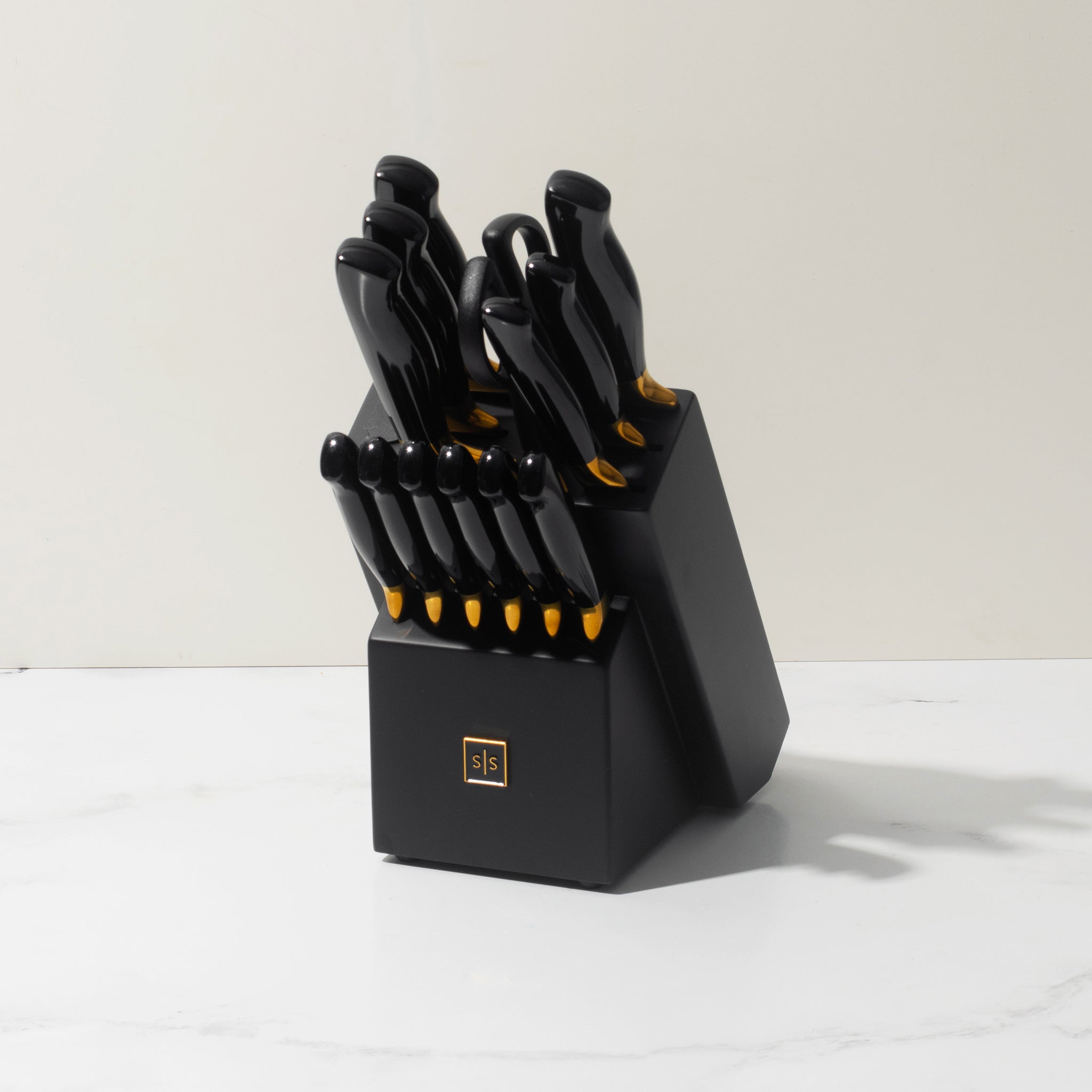 Black and Gold Knife Set with Black Self-Sharpening Block
