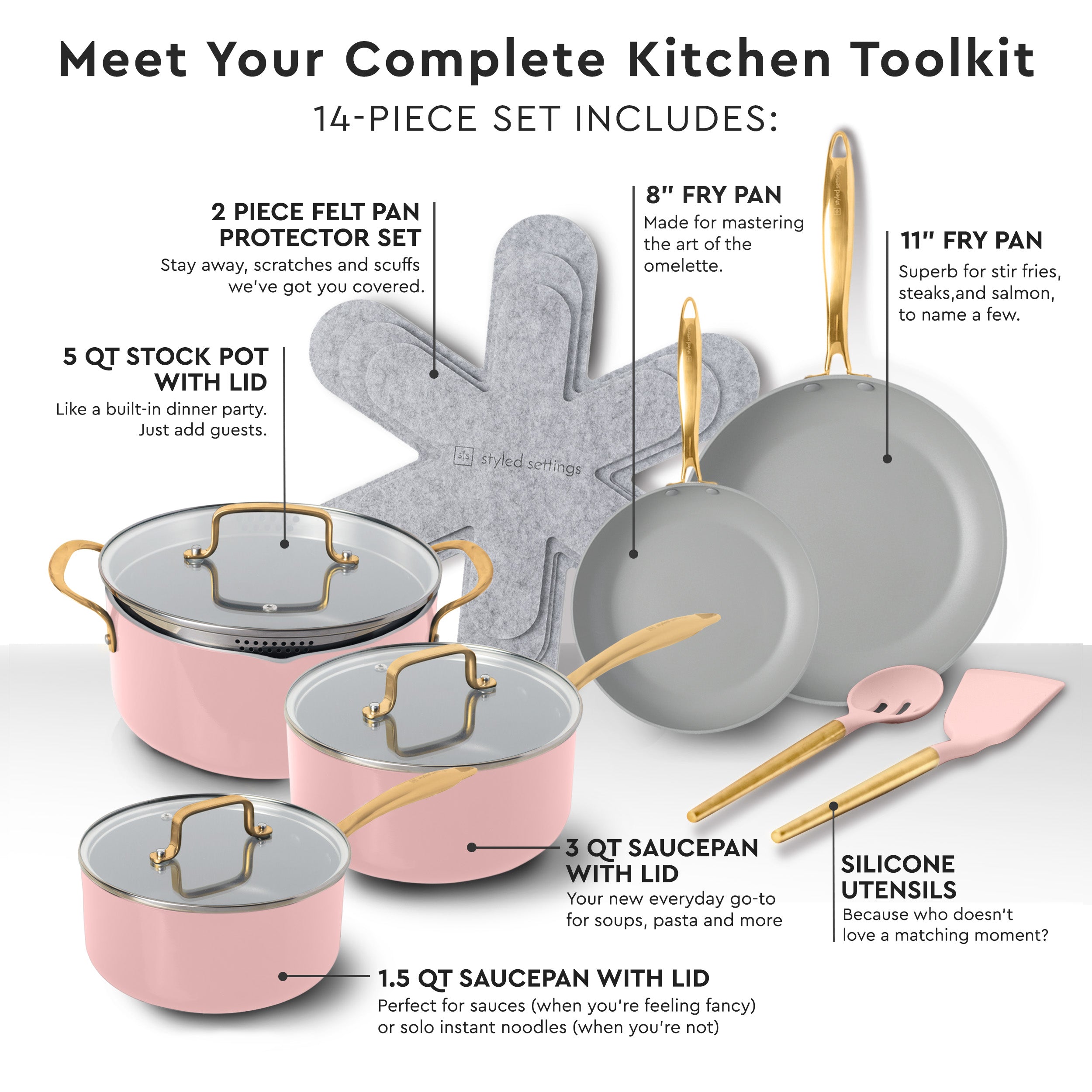 Pink and Gold Nonstick Pots and Pans Set - Styled Settings