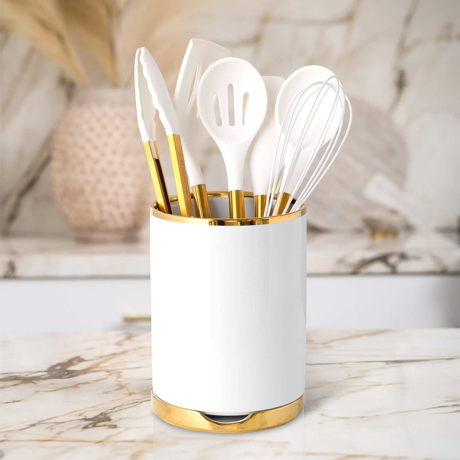 White and Gold Utensil Holder with Built-in Spoon Rest - Styled Settings
