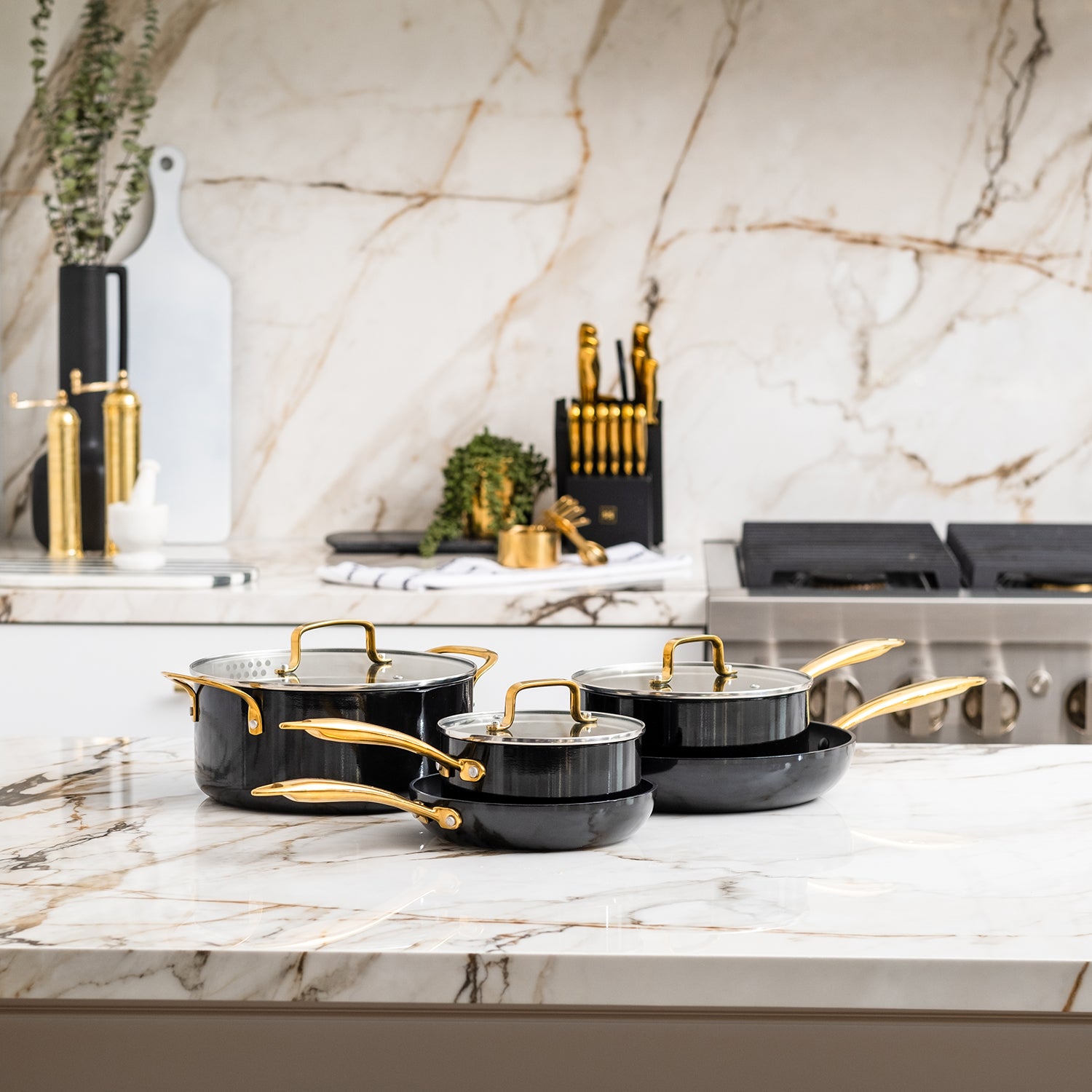 Black and Gold Nonstick Pots and Pans Set - Styled Settings