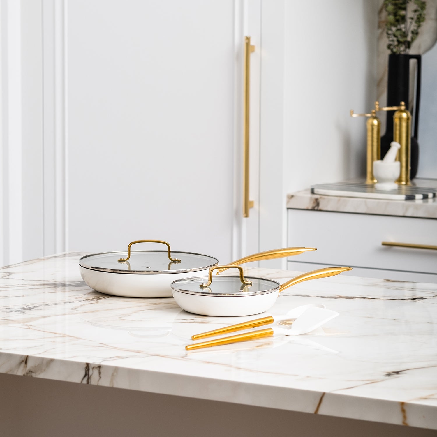 White and Gold Nonstick Frying Pan Set with Lids - Styled Settings