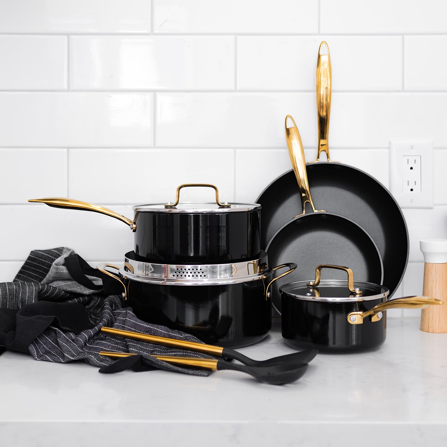 Black and Gold Nonstick Pots and Pans Set - Styled Settings