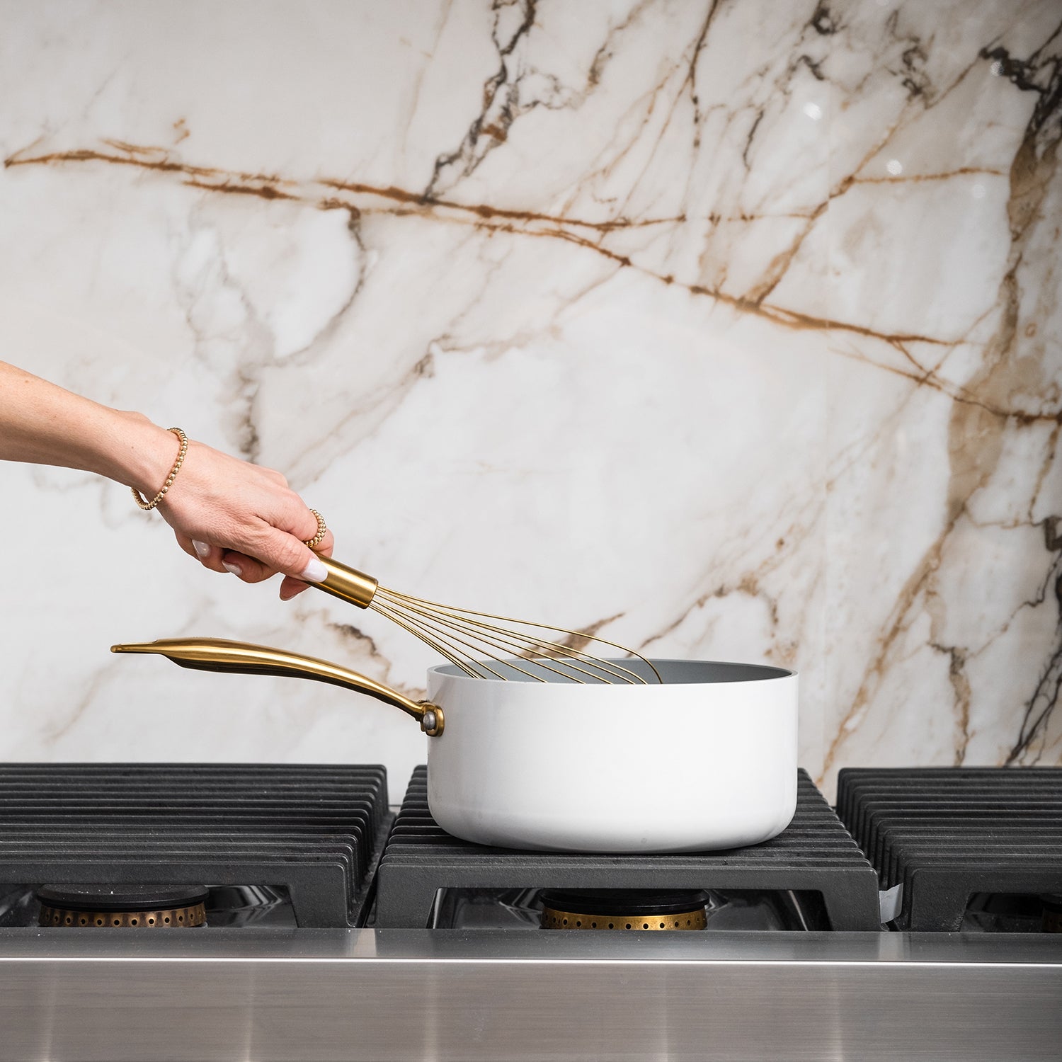 White and Gold Nonstick Pots and Pans Set - Styled Settings