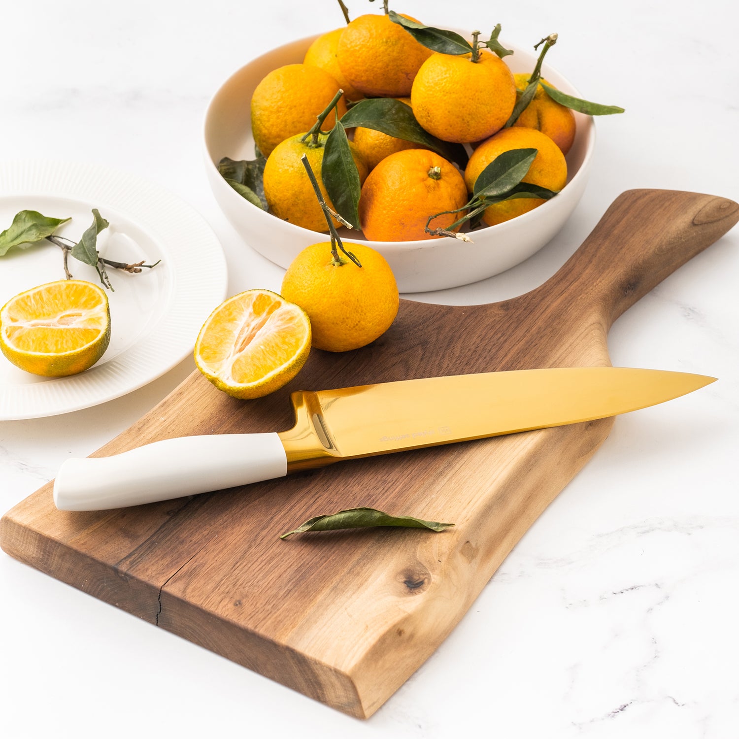 White and Gold Knife Set with Ashwood Self-Sharpening Block - Styled Settings