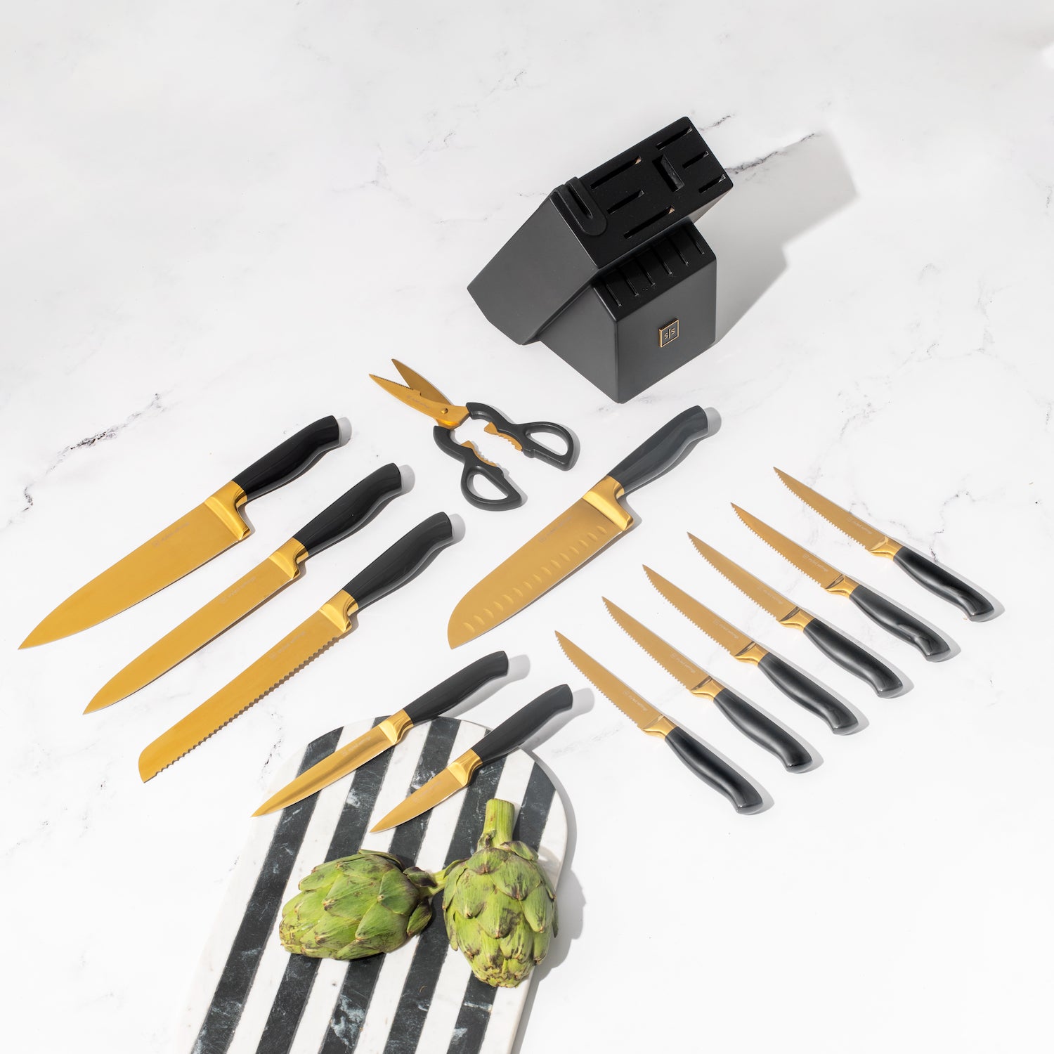 Black and Gold Knife Set with Black Self-Sharpening Block - Styled Settings