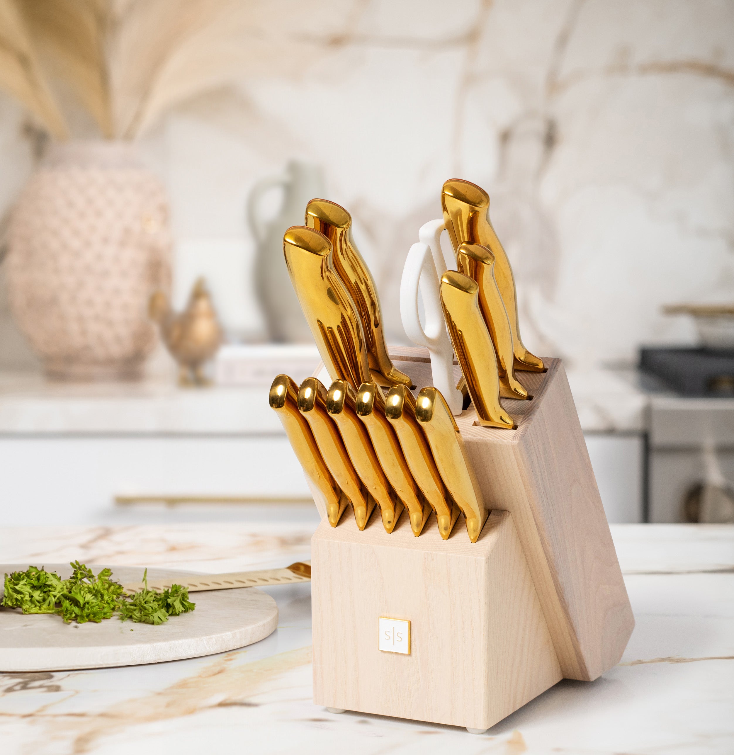 Gold Knife Set with Ashwood Self-Sharpening Block