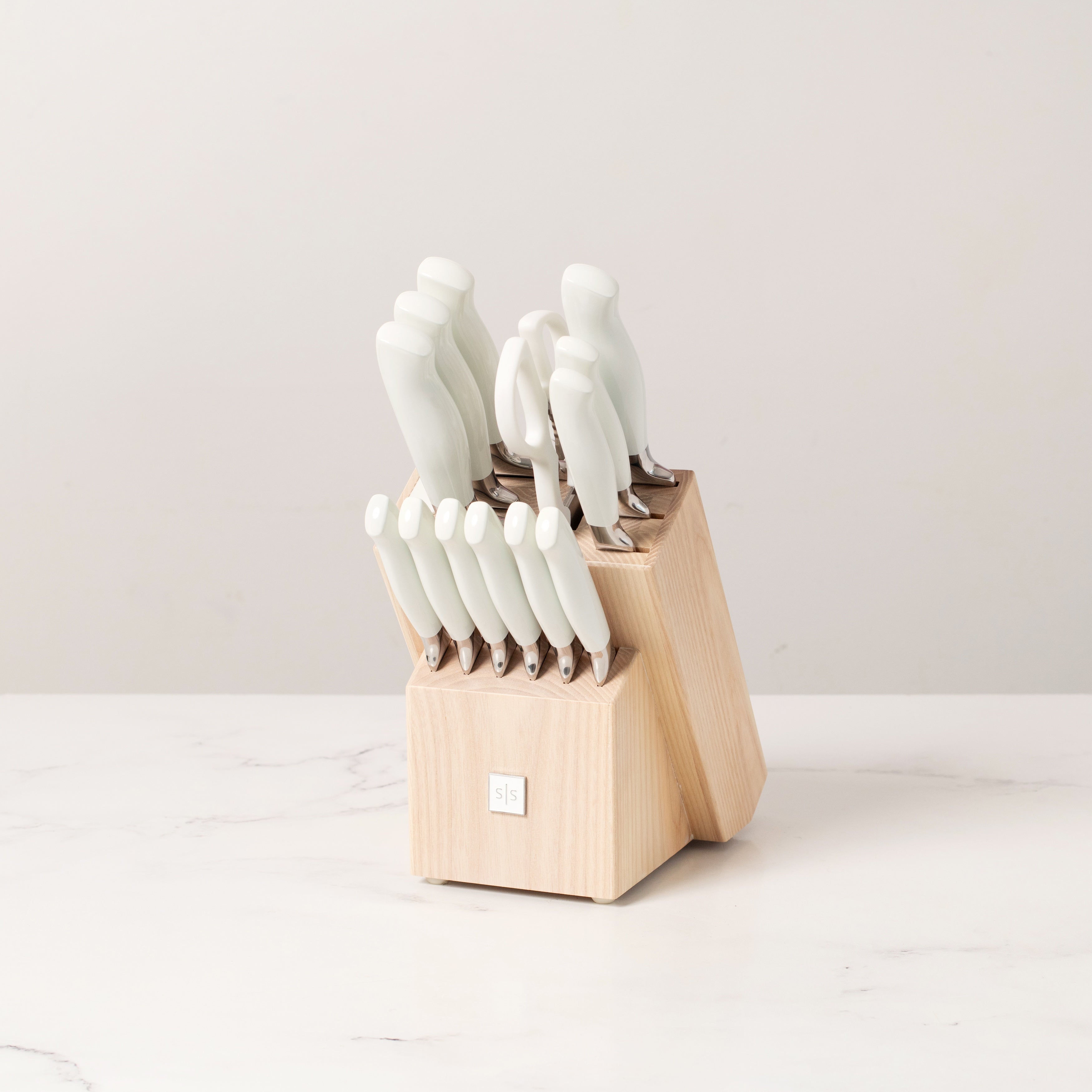 White and Silver Knife Set with Ashwood Self-Sharpening Block