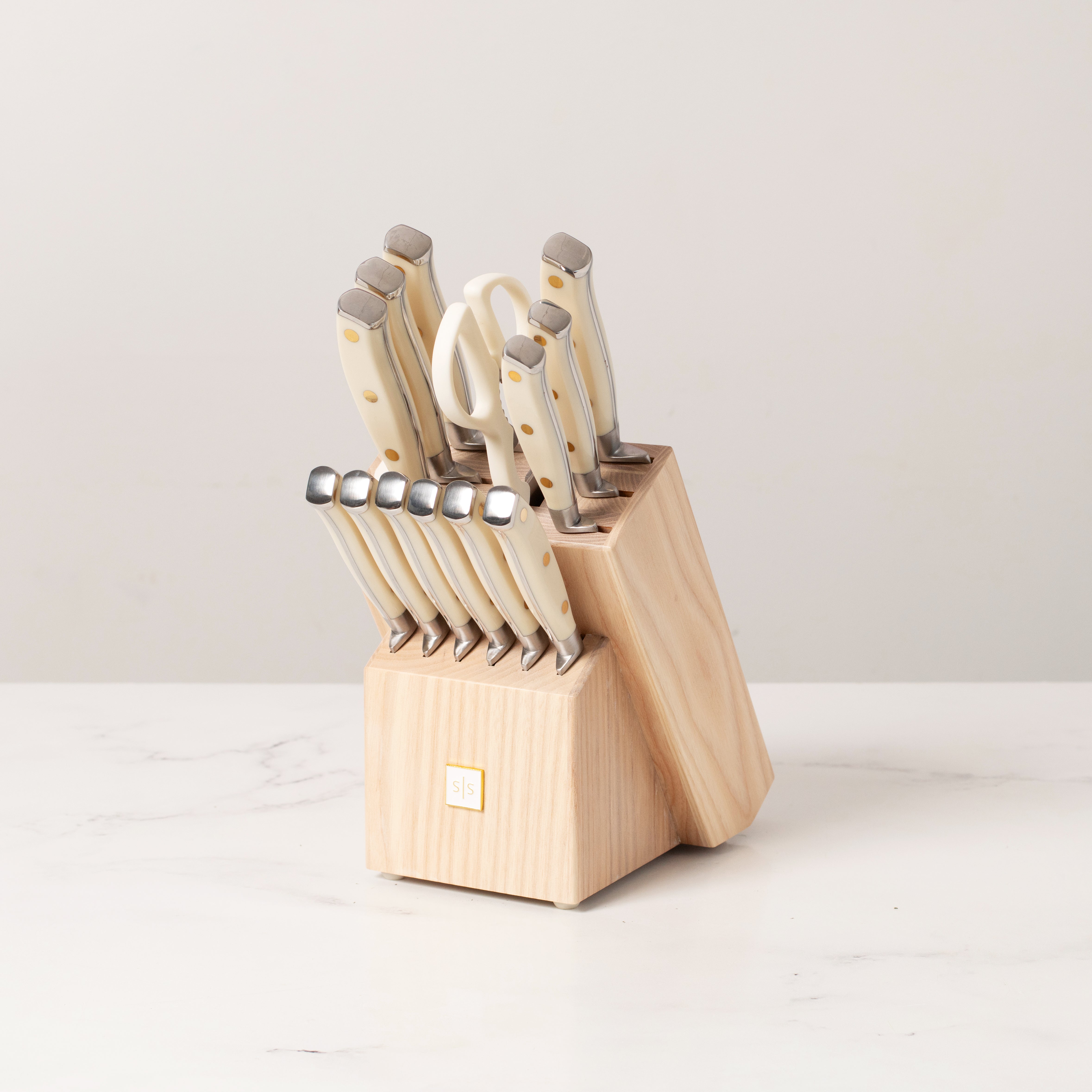 White and Silver Riveted Knife Set with Ashwood Self-Sharpening Block