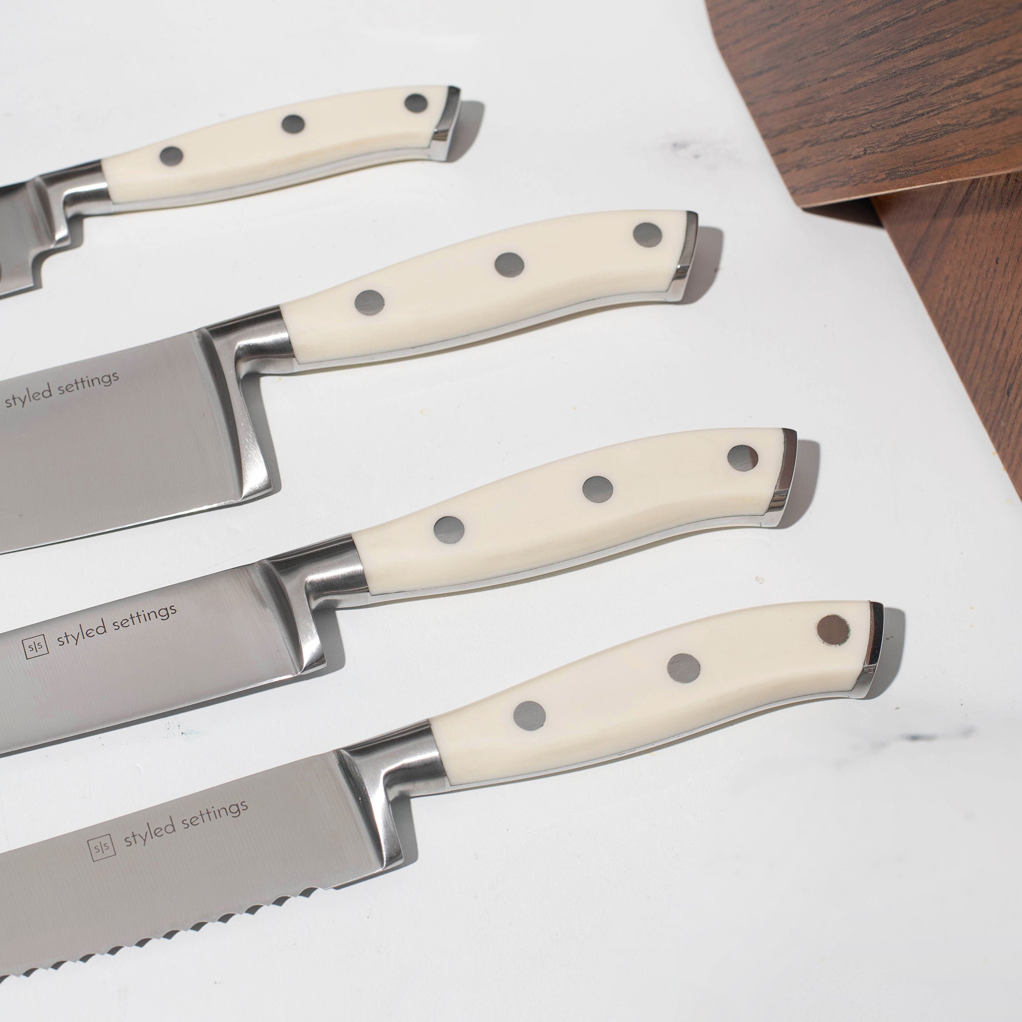 White and Silver Knife Set with Self-Sharpening Block