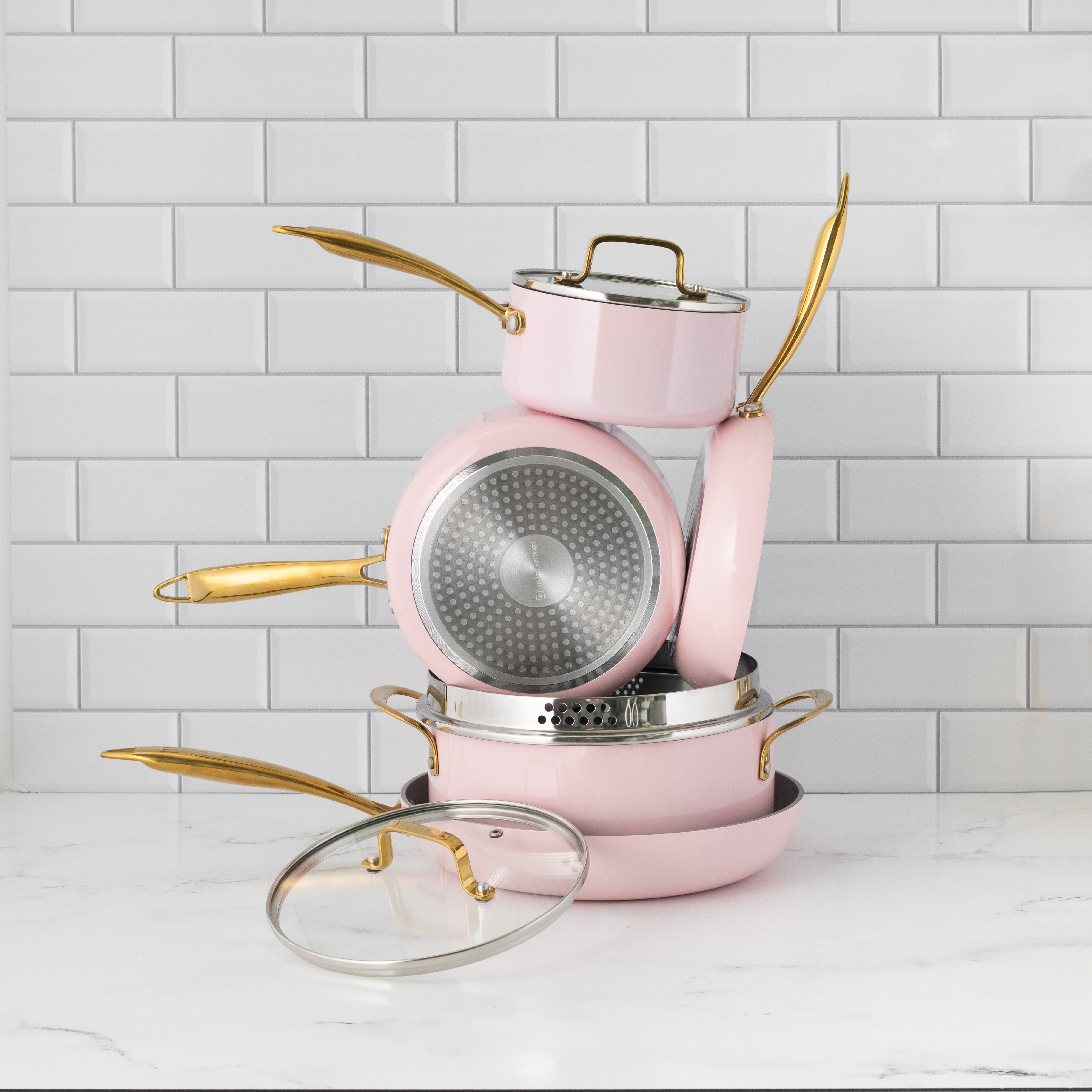 Pink and Gold Nonstick Pots and Pans Set - Styled Settings