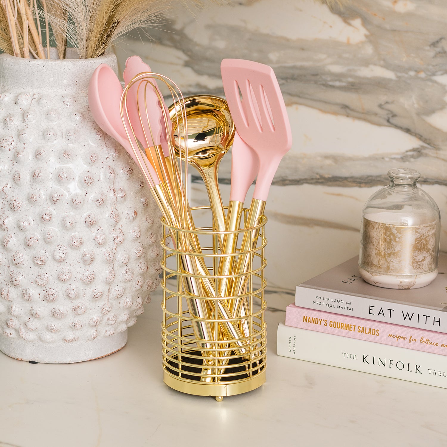 Pink and Gold Kitchen Utensils Set with Holder - Styled Settings