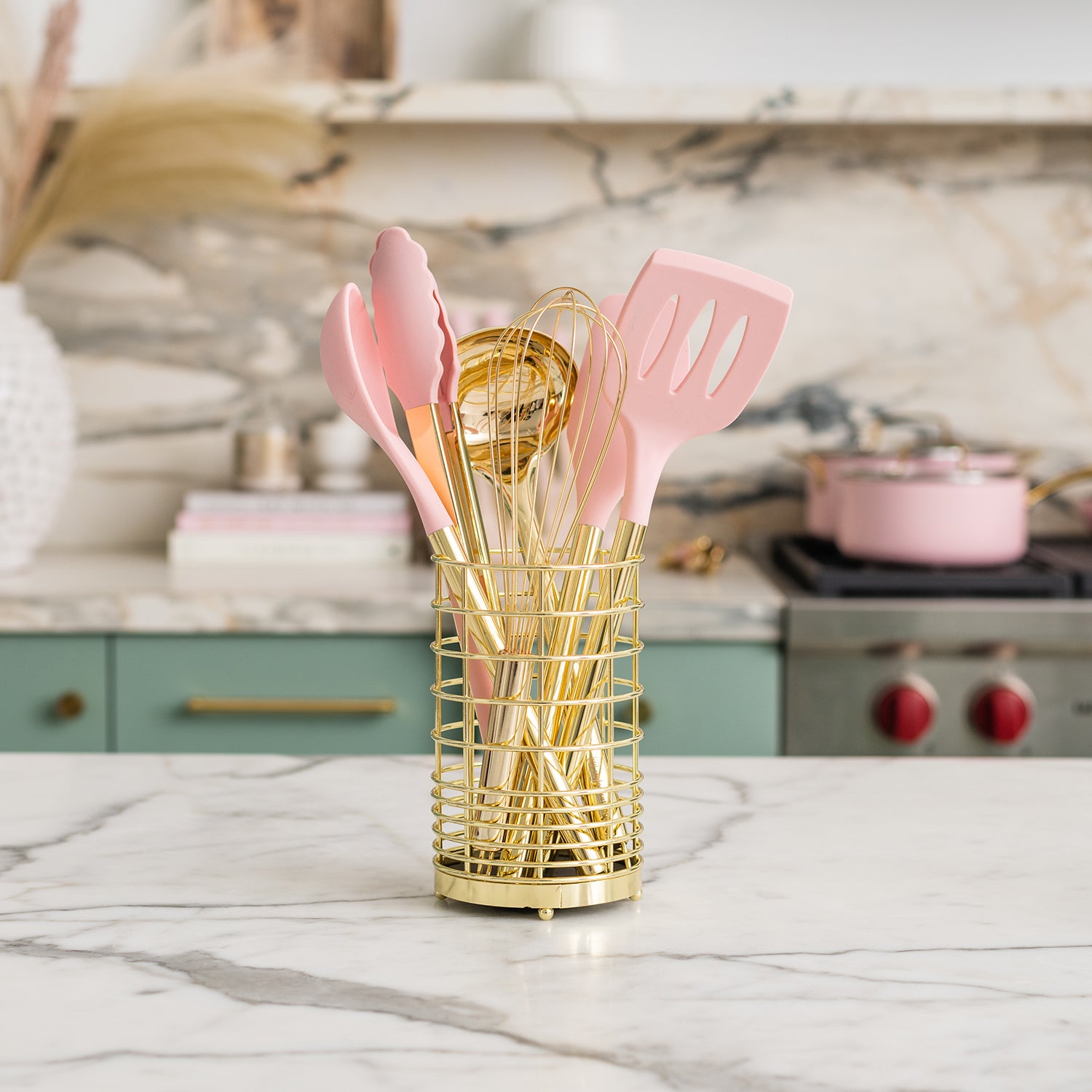 Pink and Gold Kitchen Utensils Set with Holder - Styled Settings