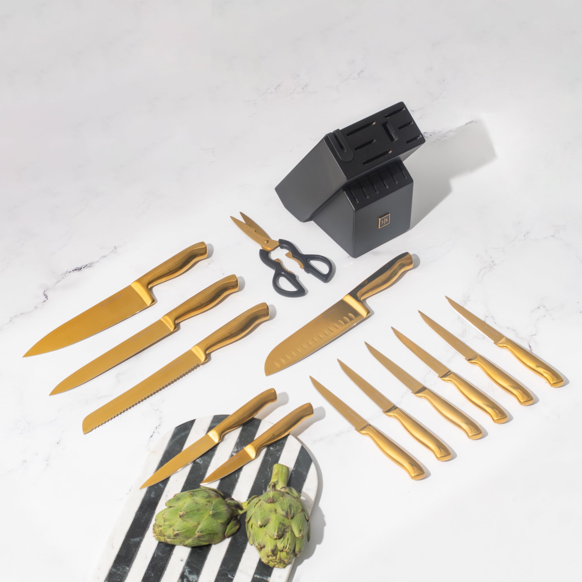 Gold Knife Set with Black Self-Sharpening Block - Styled Settings