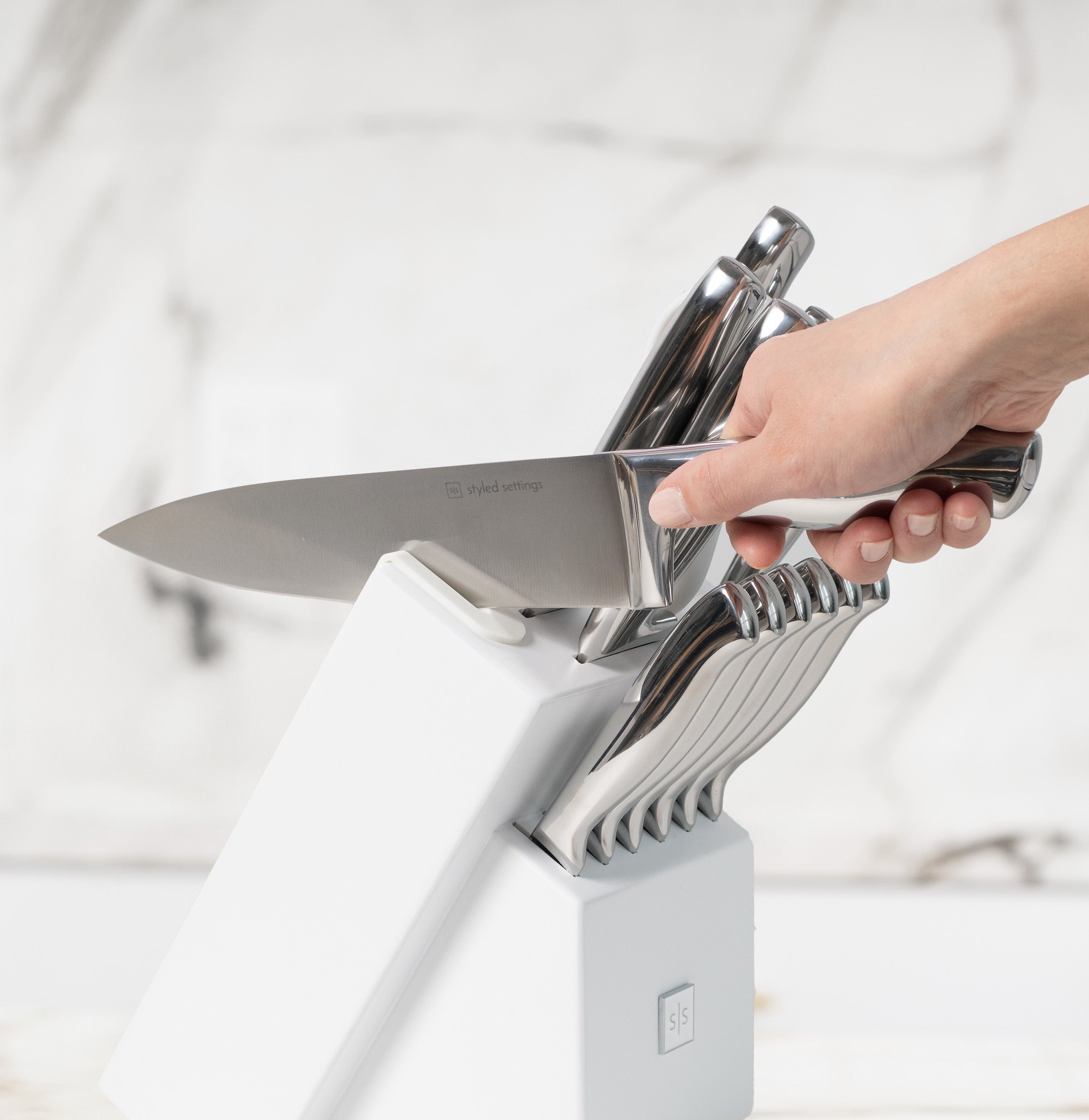 Silver Knife Set with White Self-Sharpening Block