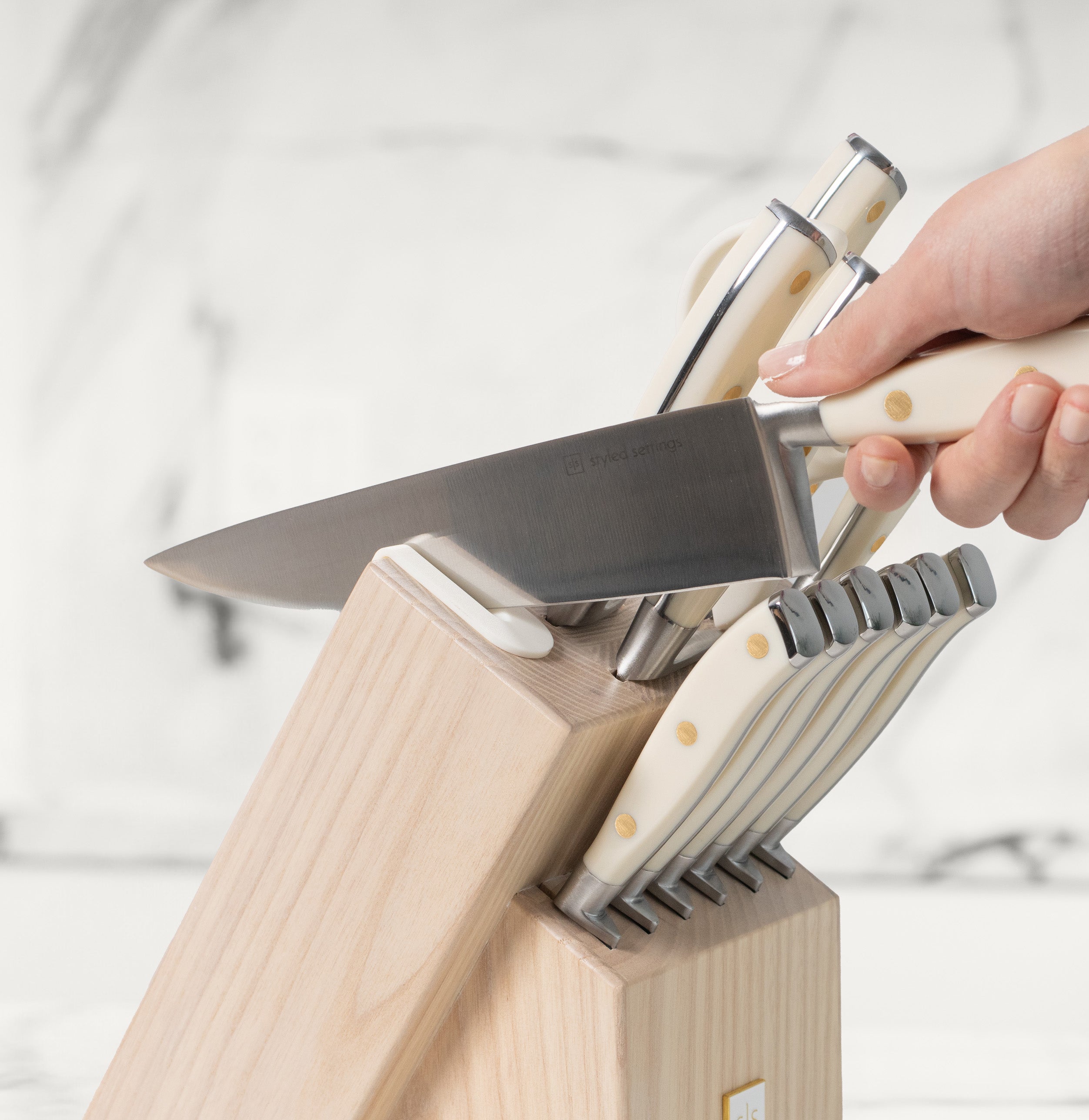 White and Silver Riveted Knife Set with Ashwood Self-Sharpening Block