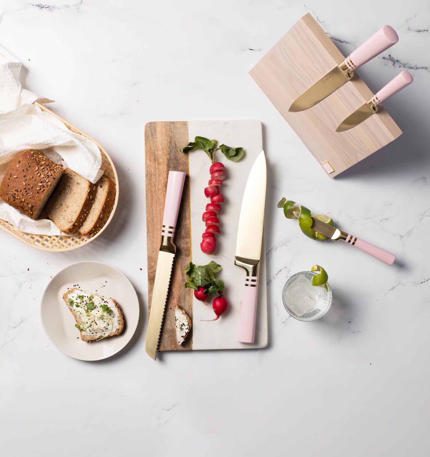 Pink and Gold Knife Set with Magnetic Knife Block - Styled Settings