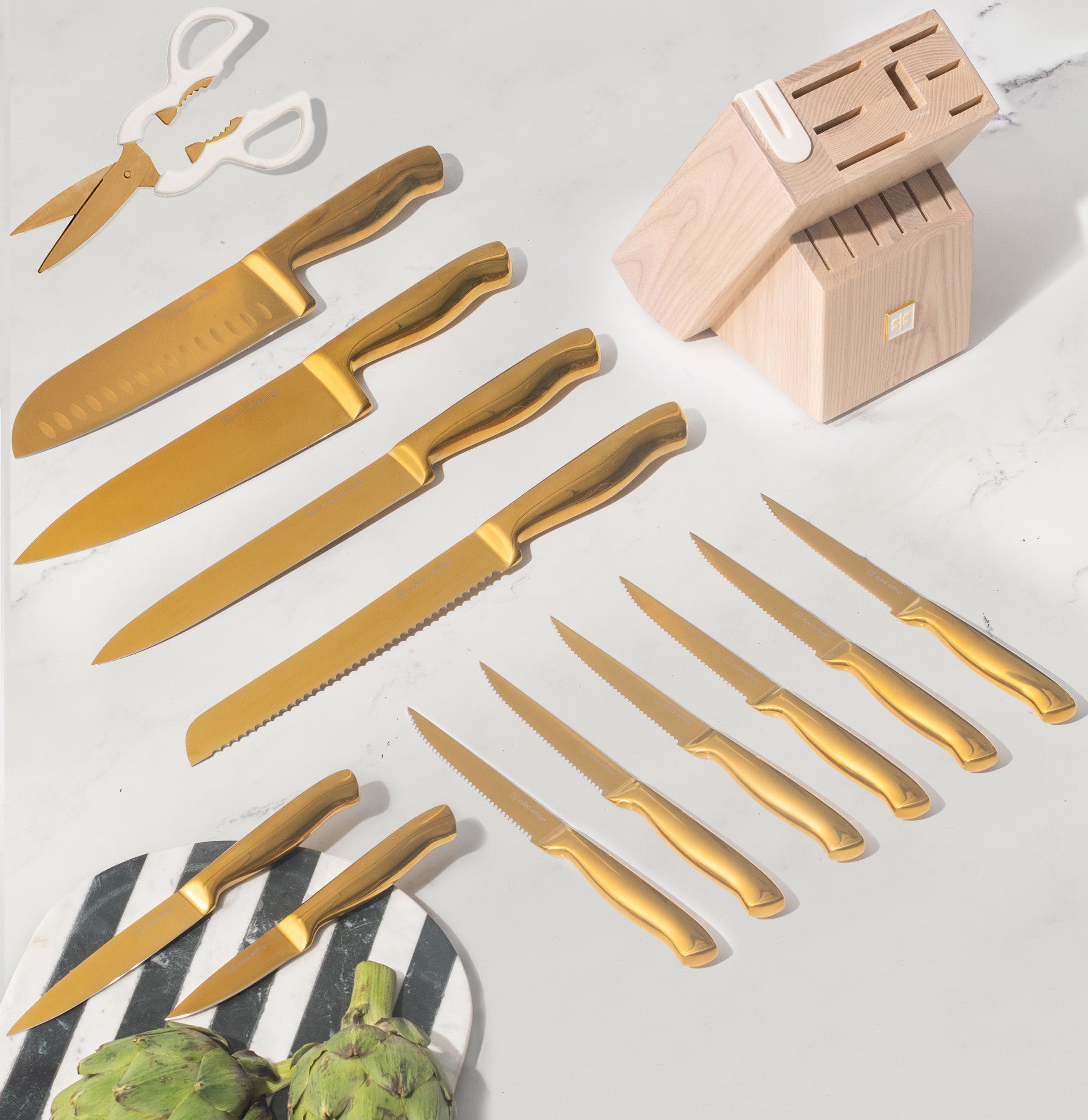 Gold Knife Set with Ashwood Self-Sharpening Block