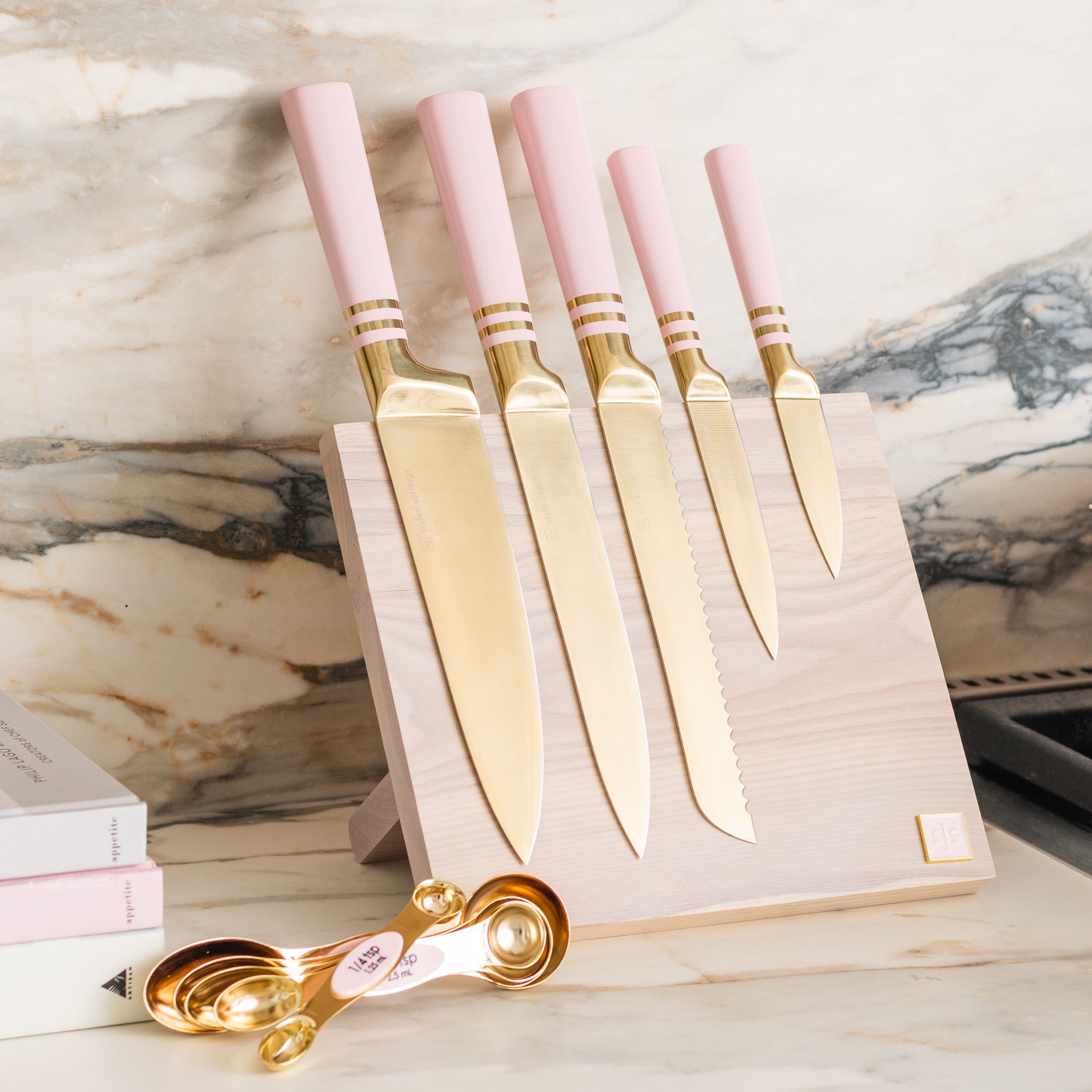 Pink and Gold Knife Set with Magnetic Knife Block - Styled Settings