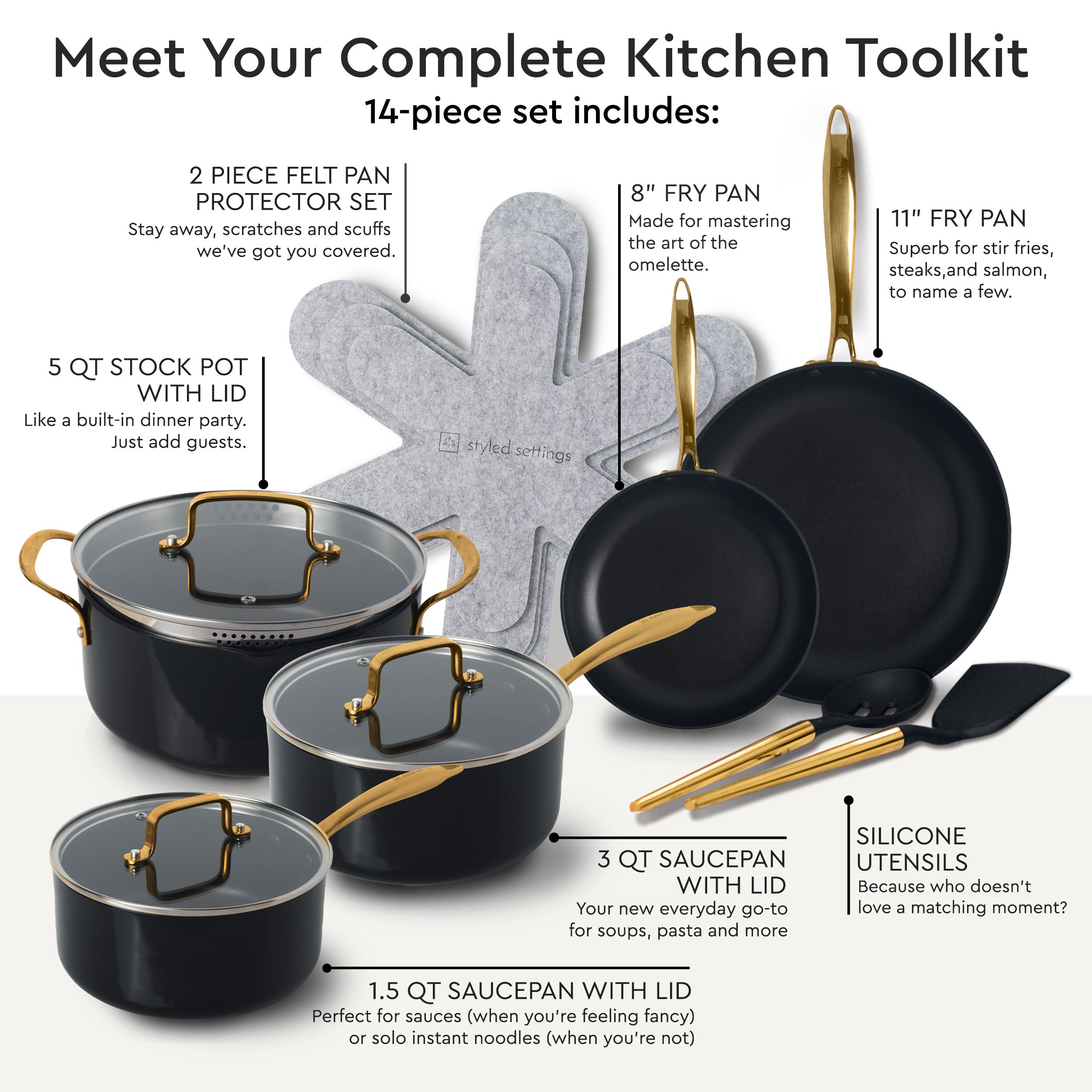 Black and Gold Nonstick Pots and Pans Set - Styled Settings