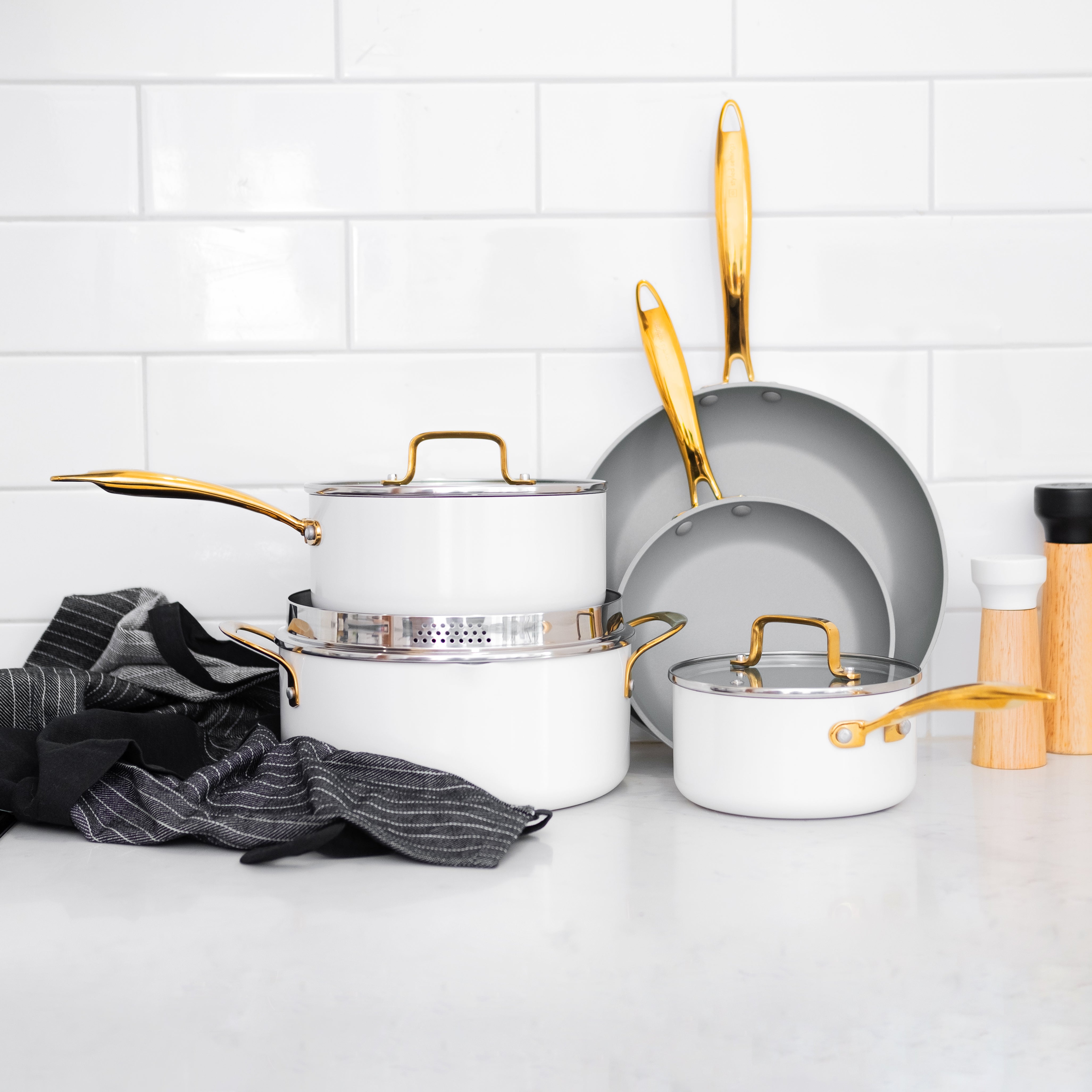 White and Gold Nonstick Pots and Pans Set - Styled Settings