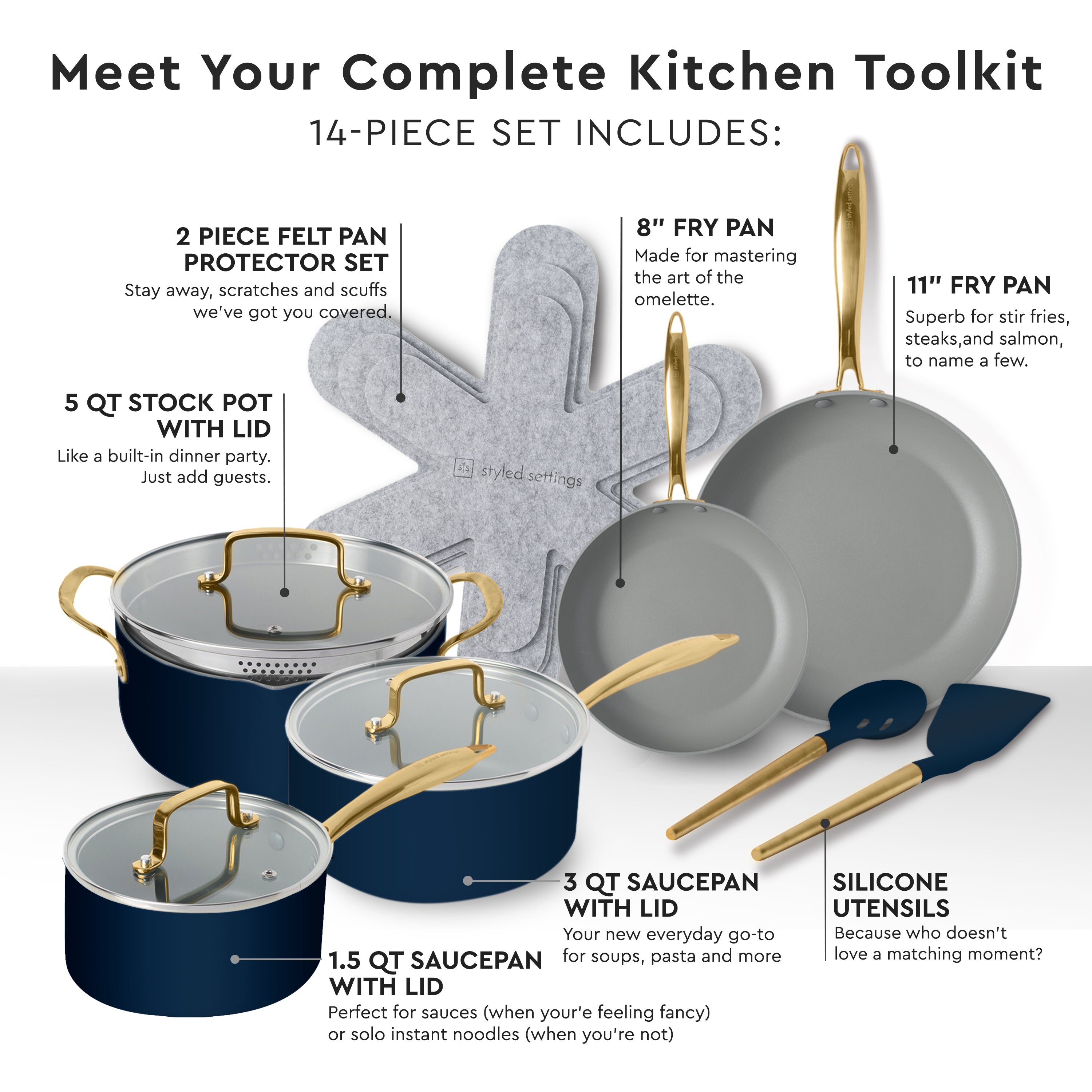 Navy and Gold Nonstick Pots and Pans Set - Styled Settings