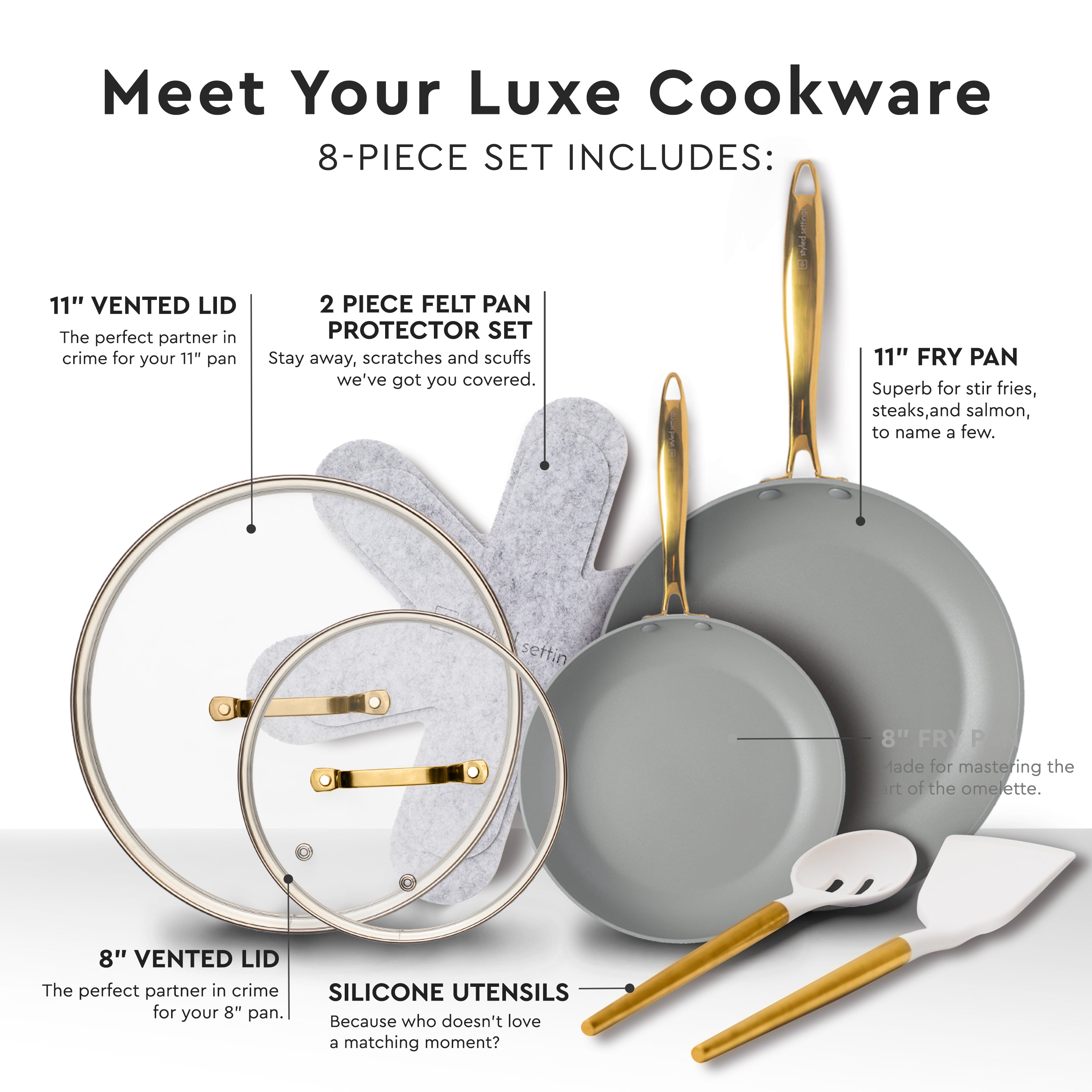 White and Gold Nonstick Frying Pan Set with Lids - Styled Settings