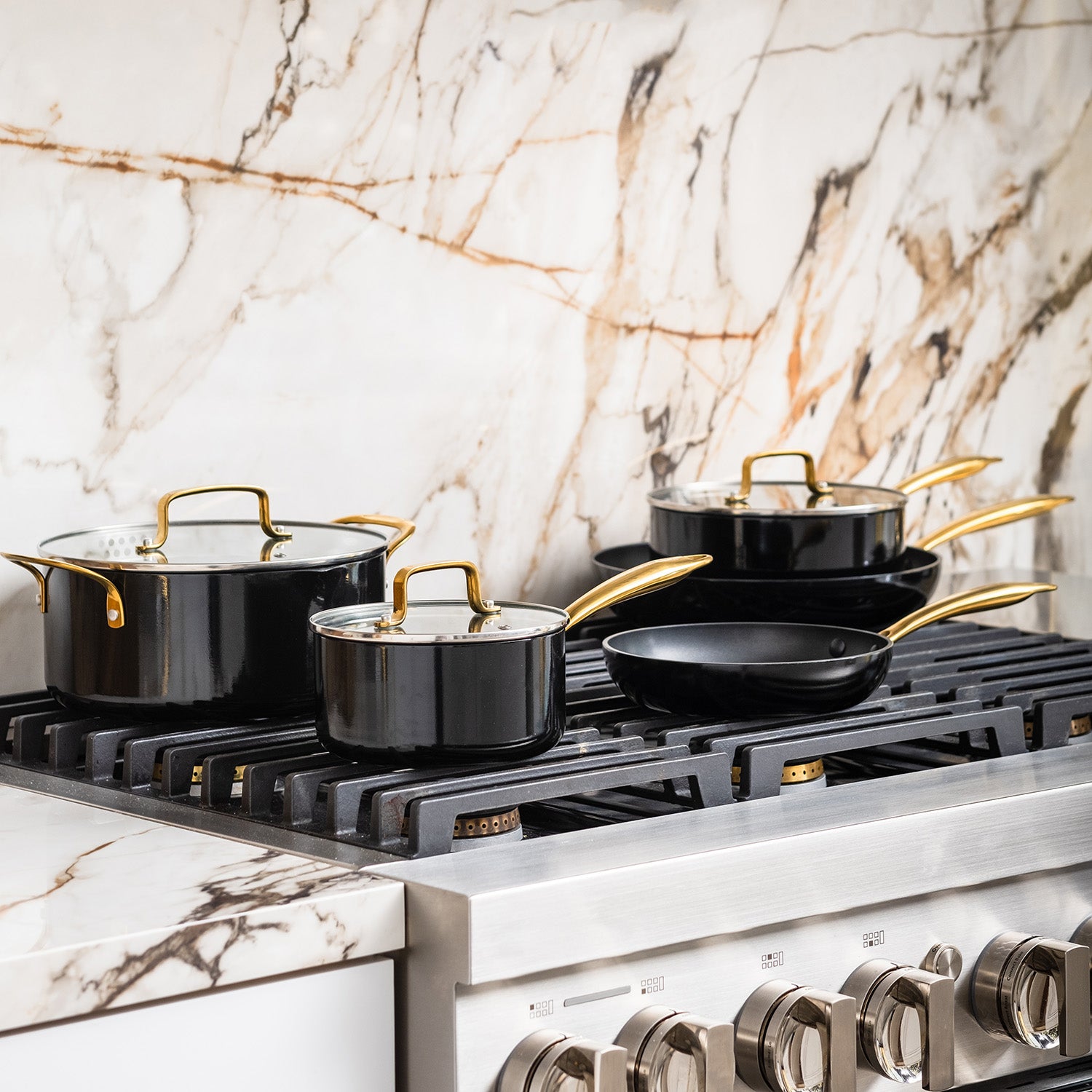 Black and Gold Nonstick Pots and Pans Set - Styled Settings