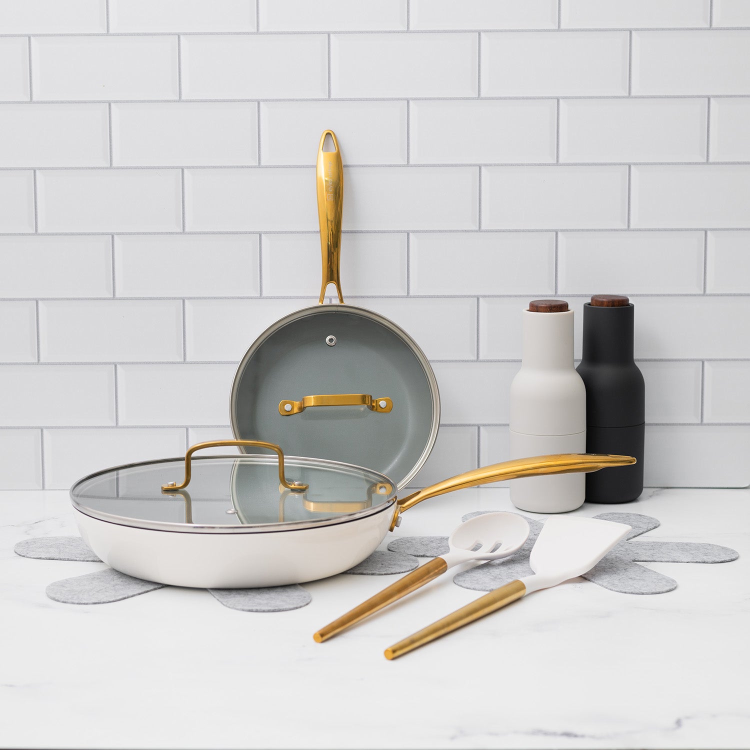 White and Gold Nonstick Frying Pan Set with Lids - Styled Settings