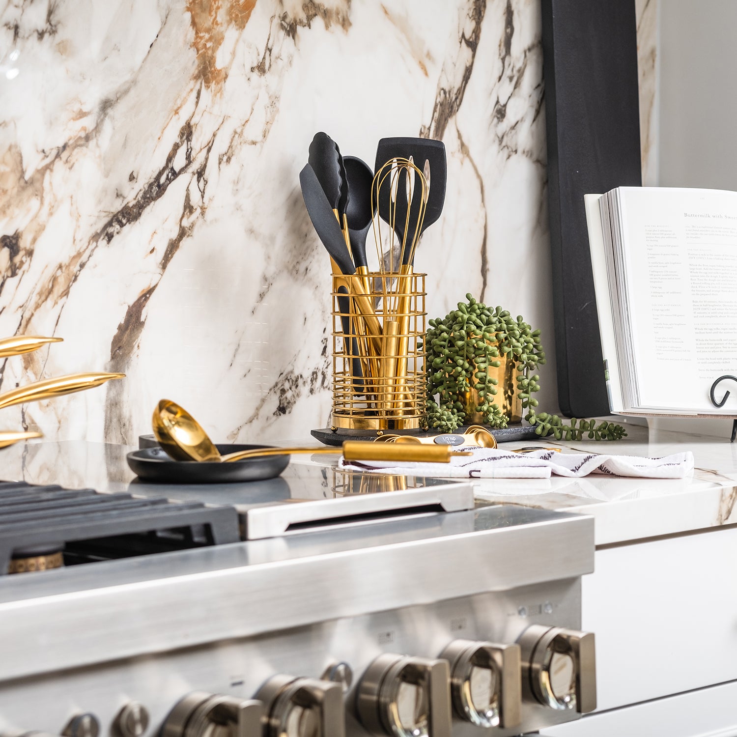 Black and Gold Kitchen Utensils Set with Holder - Styled Settings