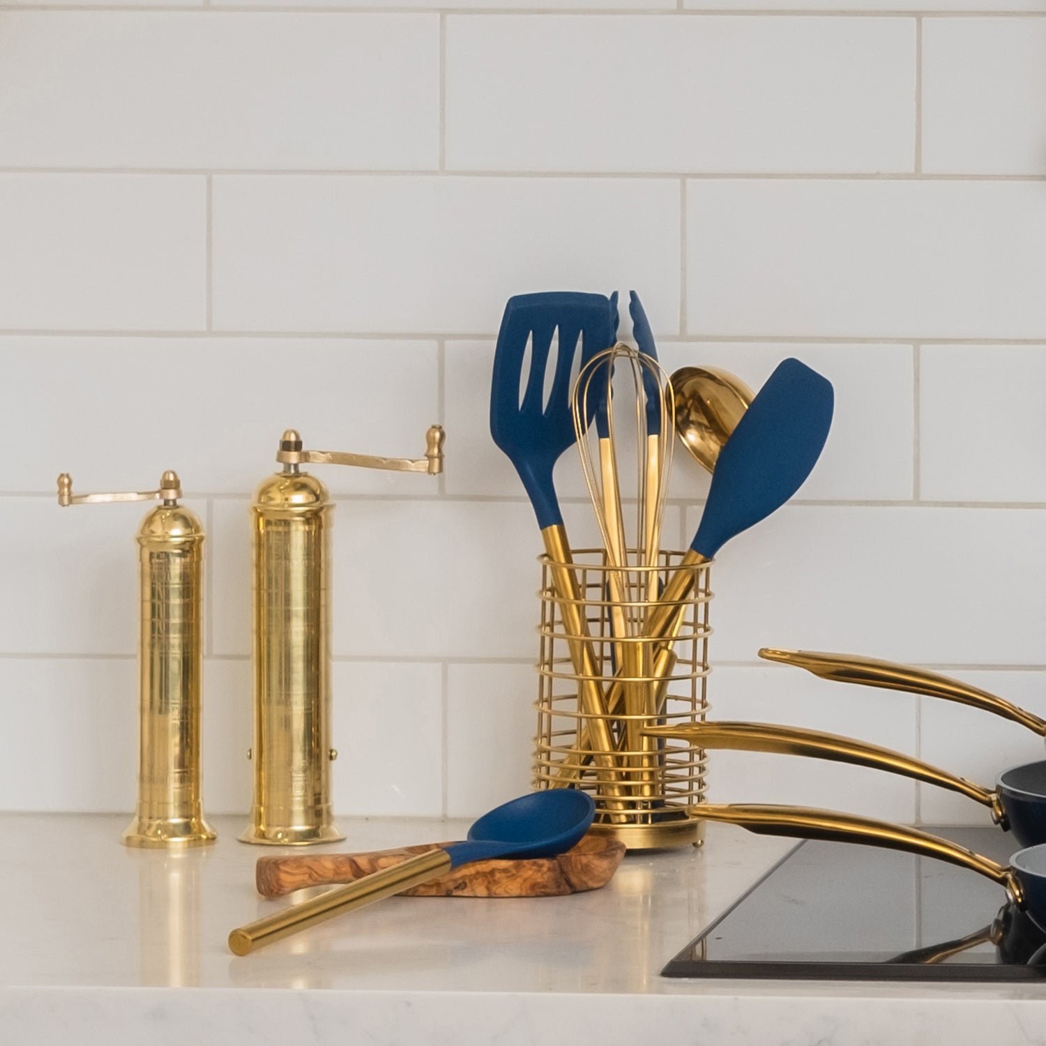 Navy and Gold Kitchen Utensils Set with Holder - Styled Settings