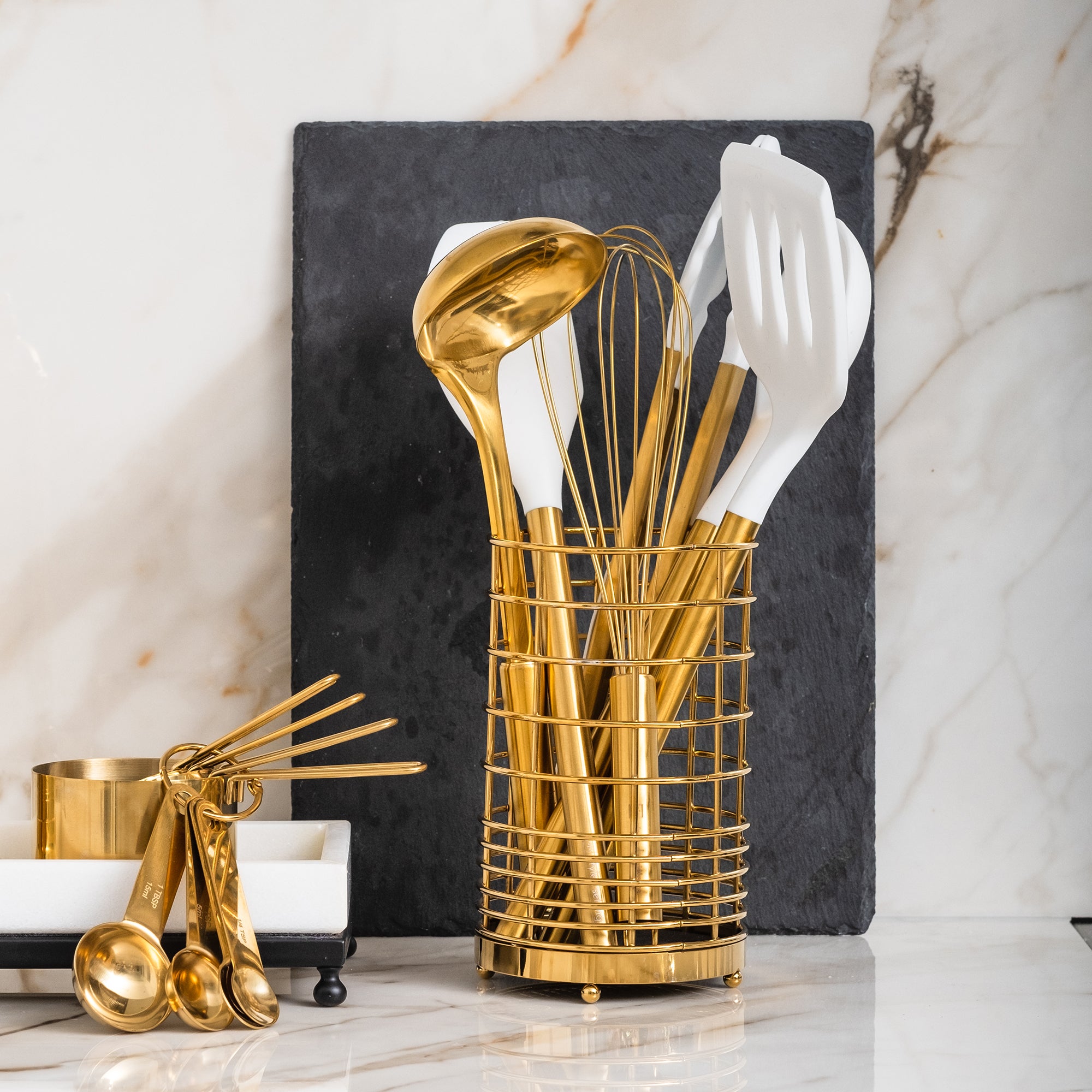 White and Brassy Gold Kitchen Utensils Set with Holder - Styled Settings