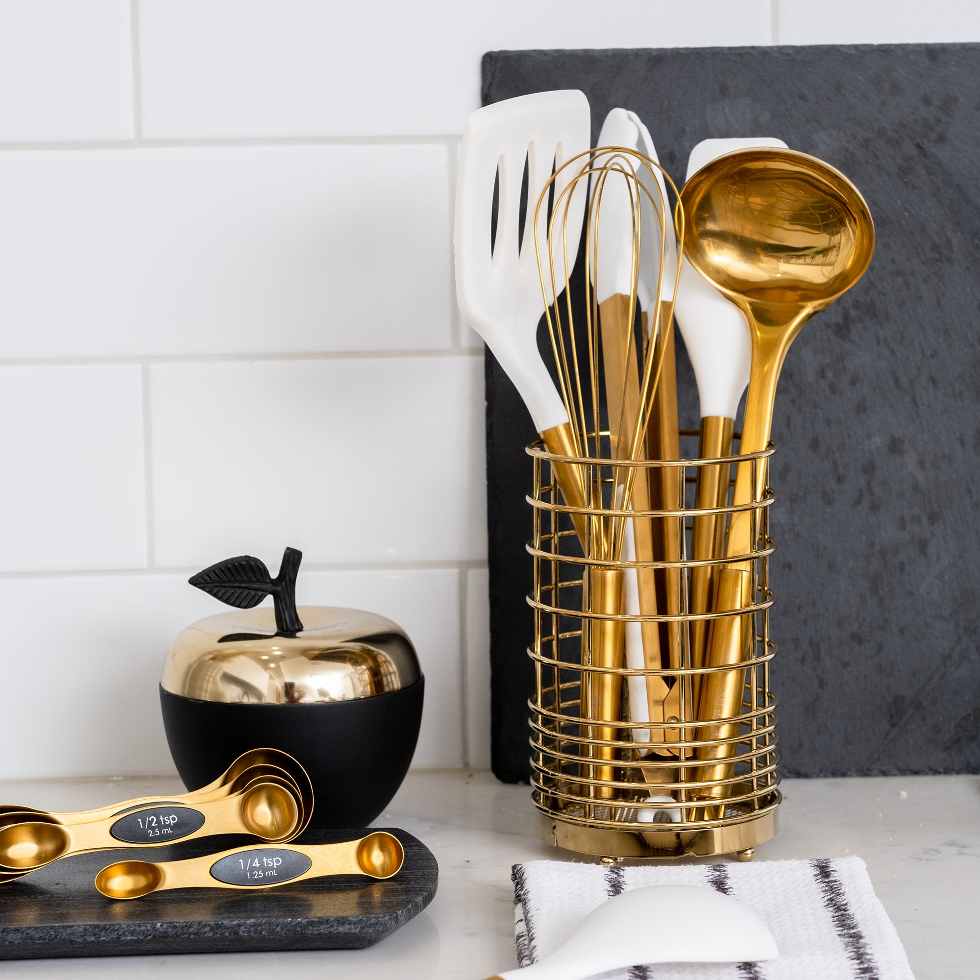 White and Brassy Gold Kitchen Utensils Set with Holder - Styled Settings