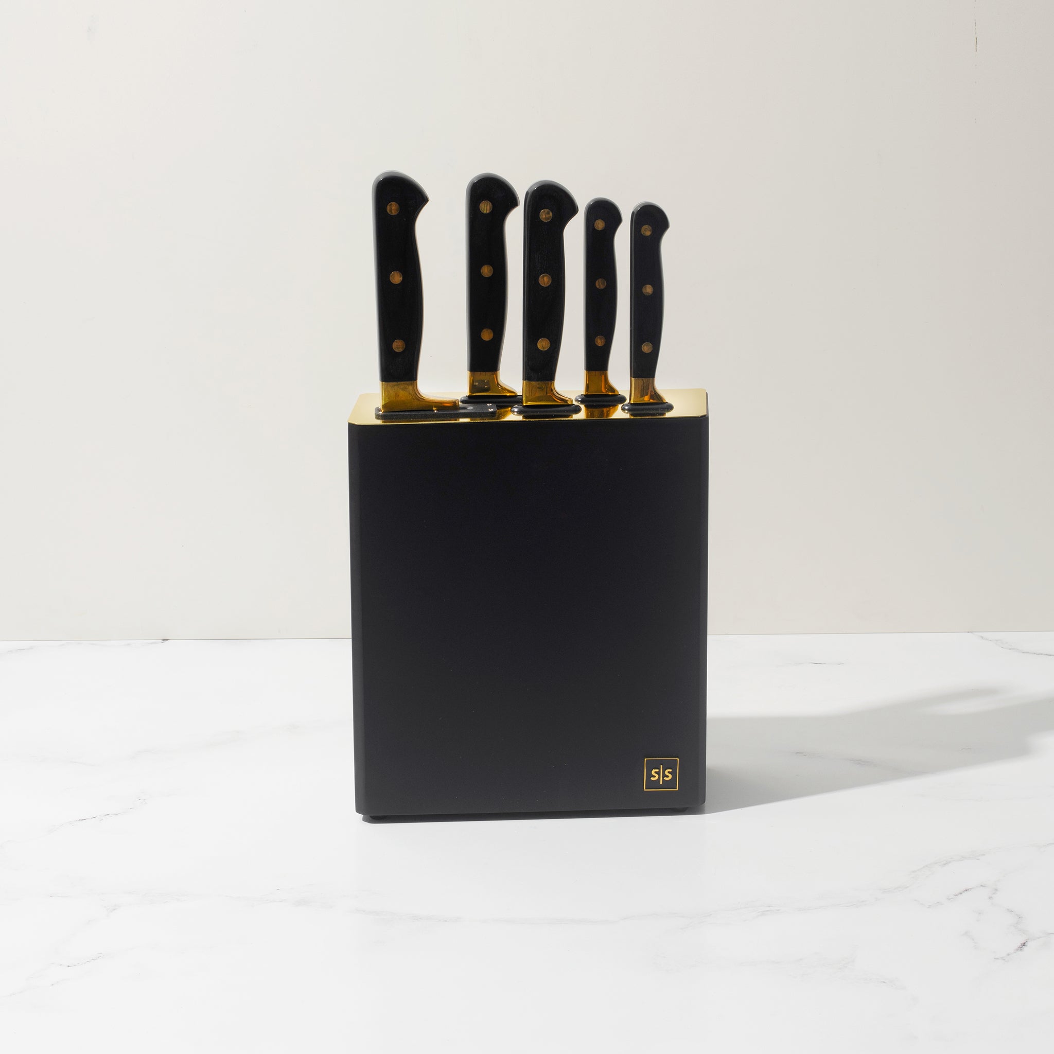 Styled Settings Gold Knife Set with Walnut Knife Block