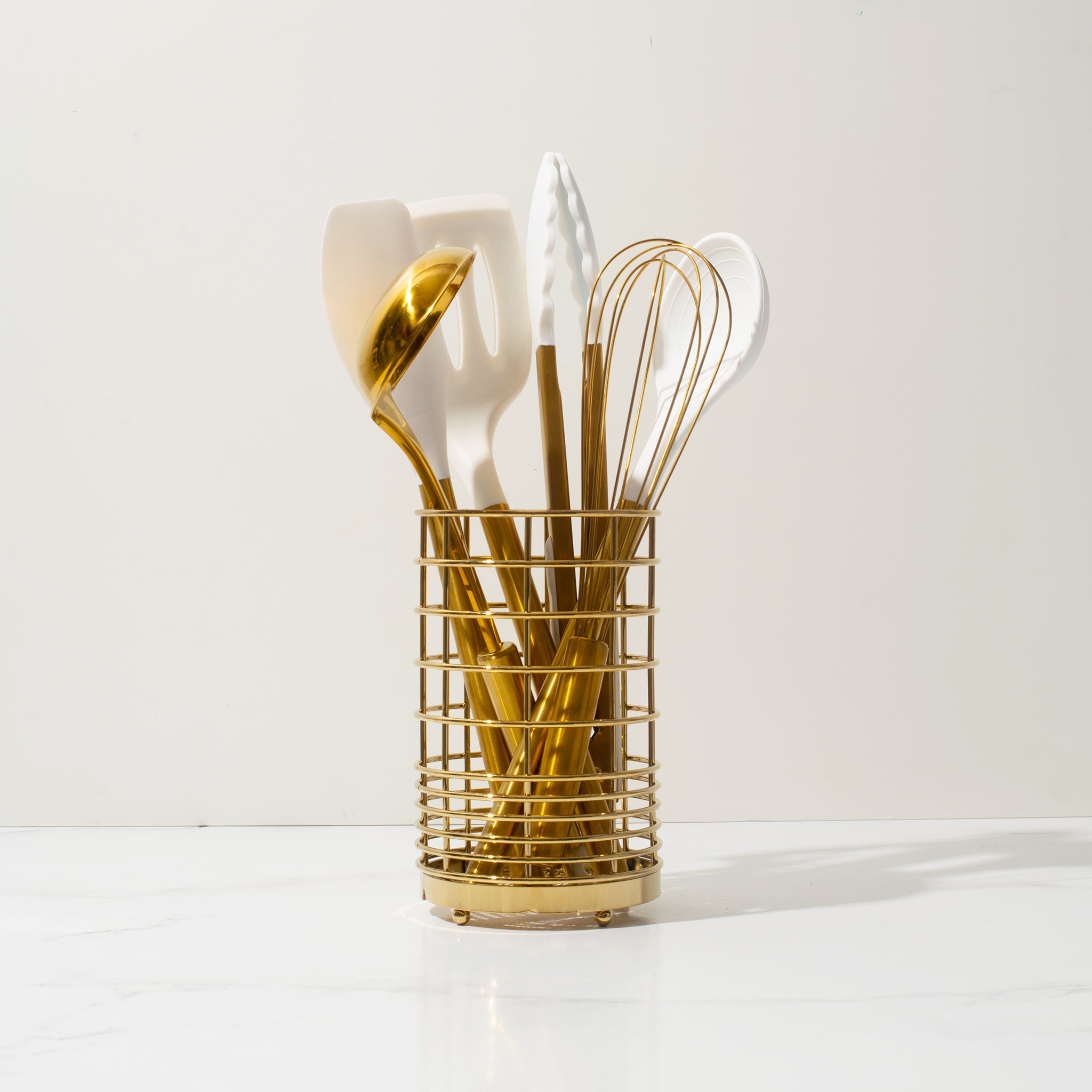 White and Brassy Gold Kitchen Utensils Set with Holder - Styled Settings