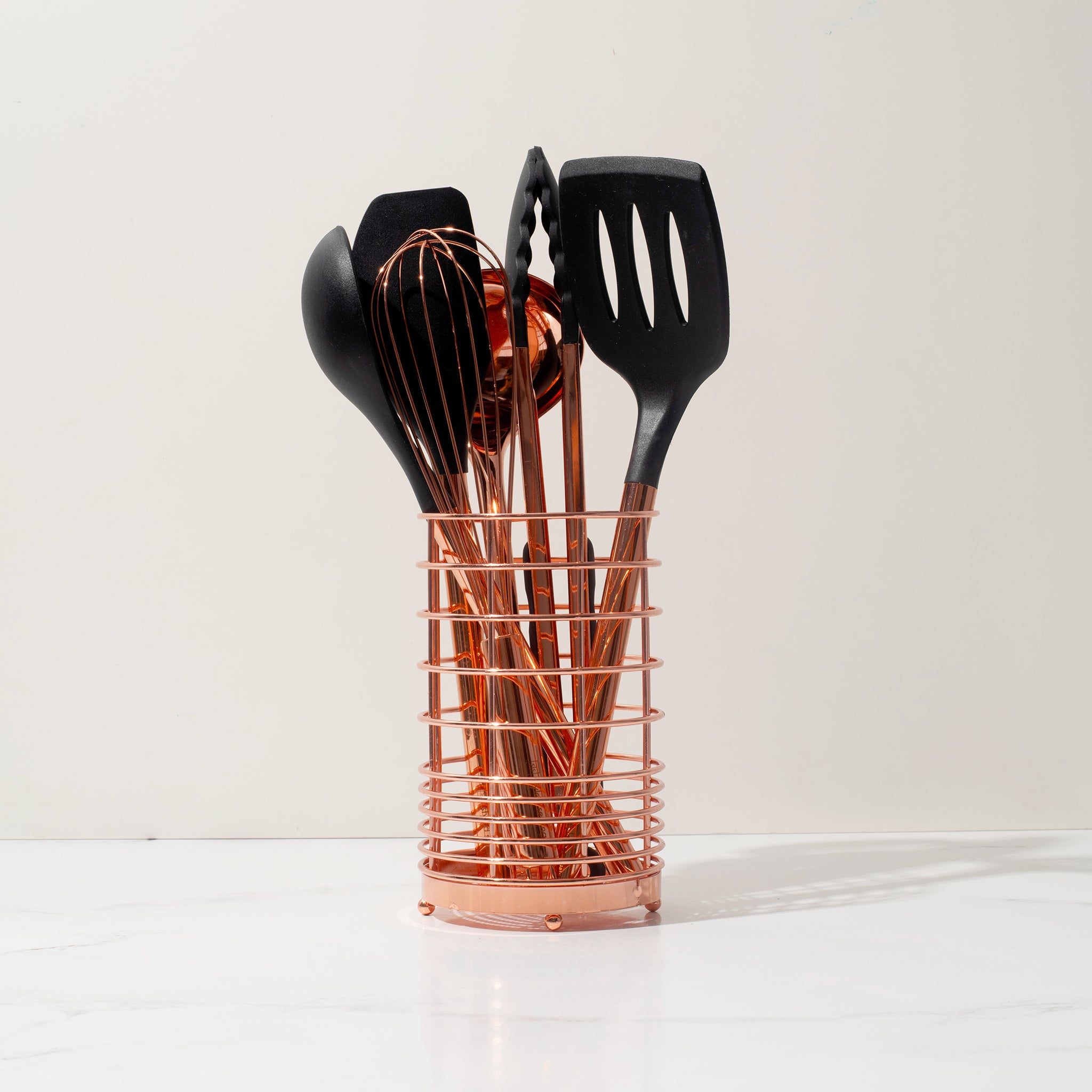 Copper and Black Kitchen Utensils Set with Holder - Styled Settings