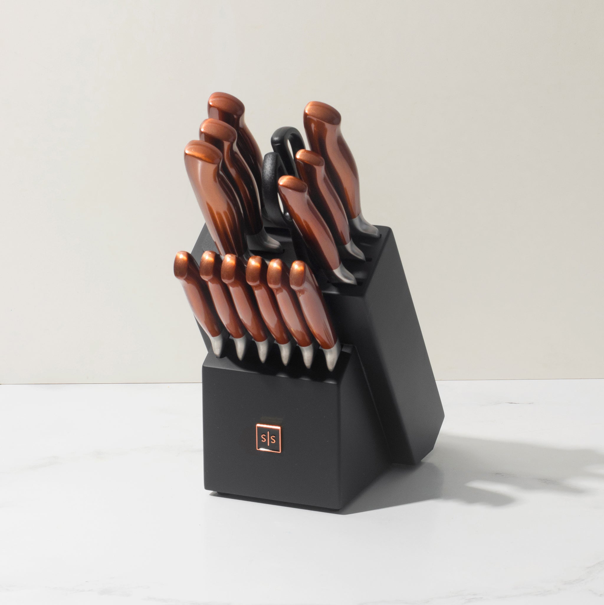 Styled Settings Copper Stainless Steel Knife Set with Walnut Knife Block, Gold