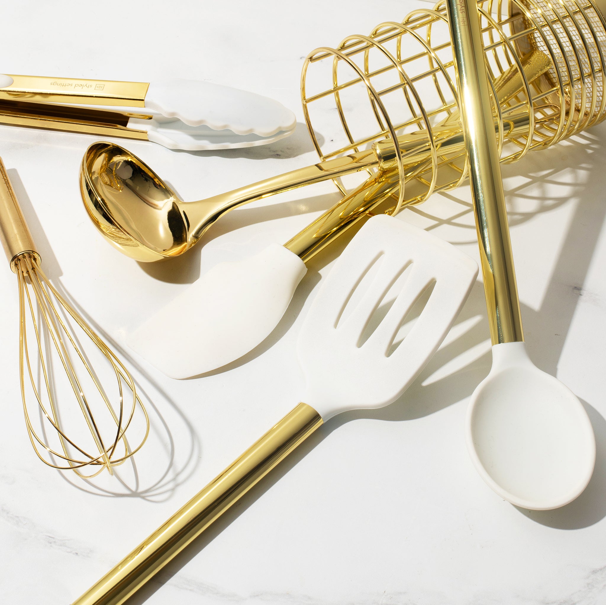 White and Brassy Gold Kitchen Utensils Set with Holder