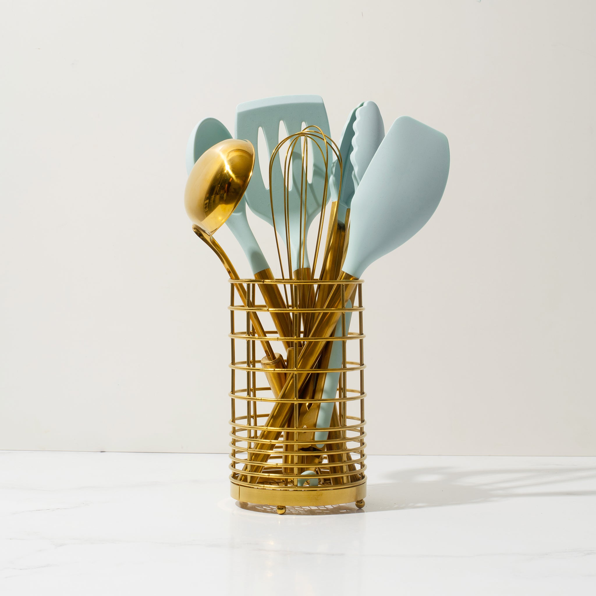 Teal and Gold Kitchen Utensils Set with Holder - Styled Settings