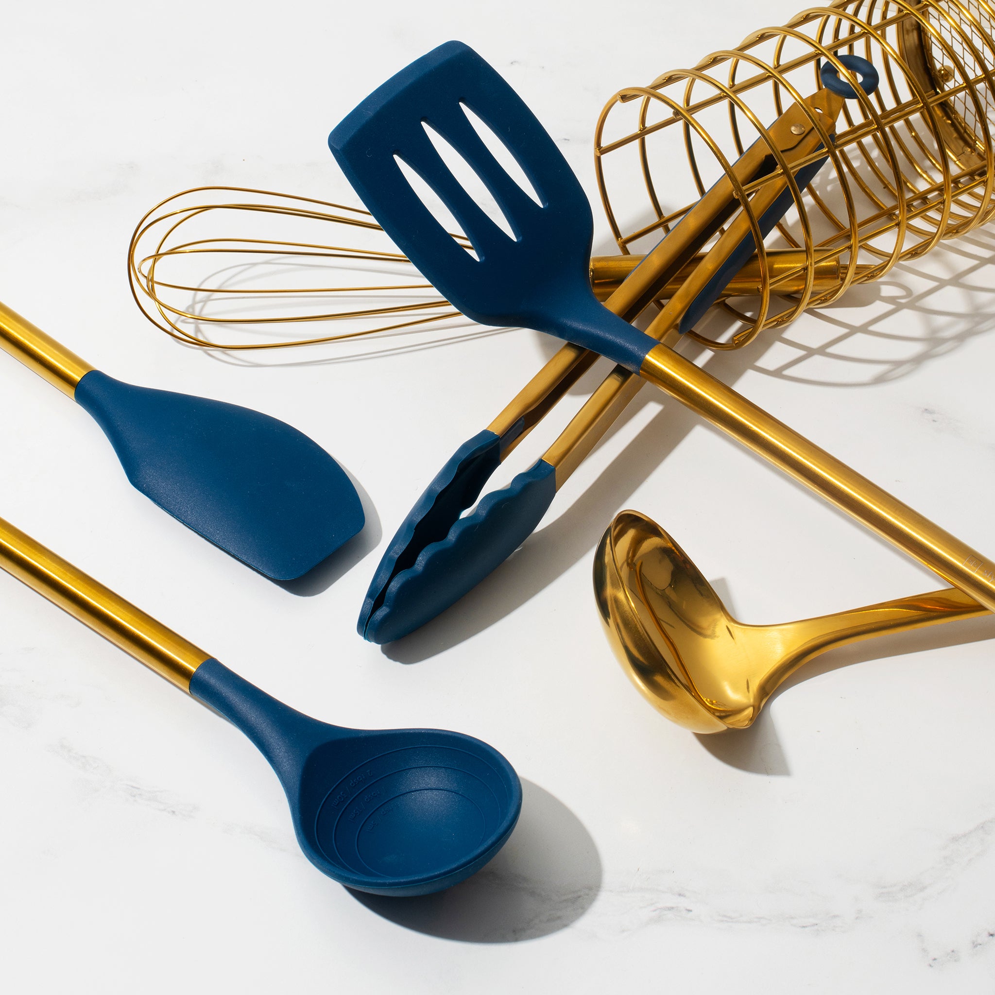 Navy and Gold Kitchen Utensils Set with Holder - Styled Settings