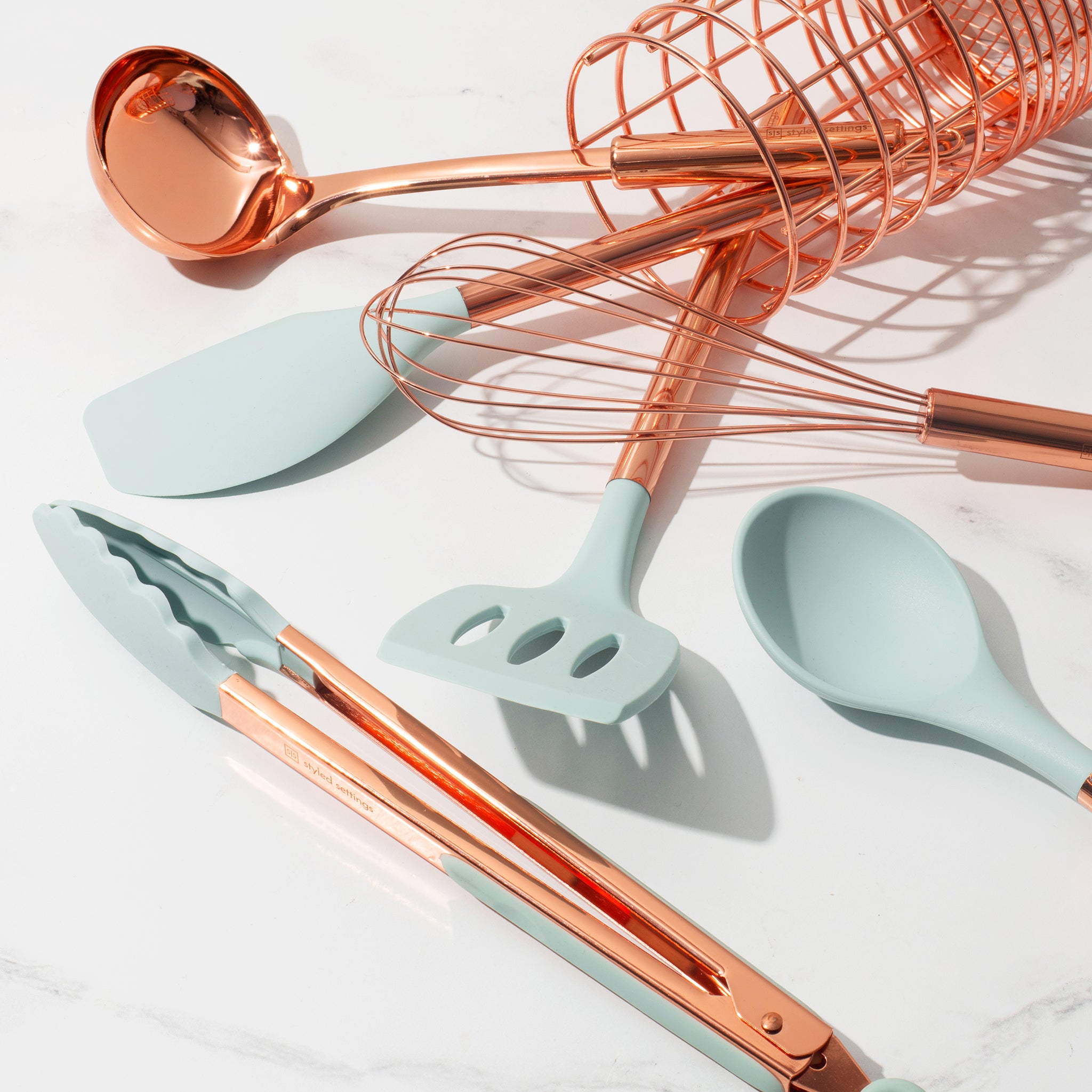 Copper and Teal Kitchen Utensils Set with Holder - Styled Settings